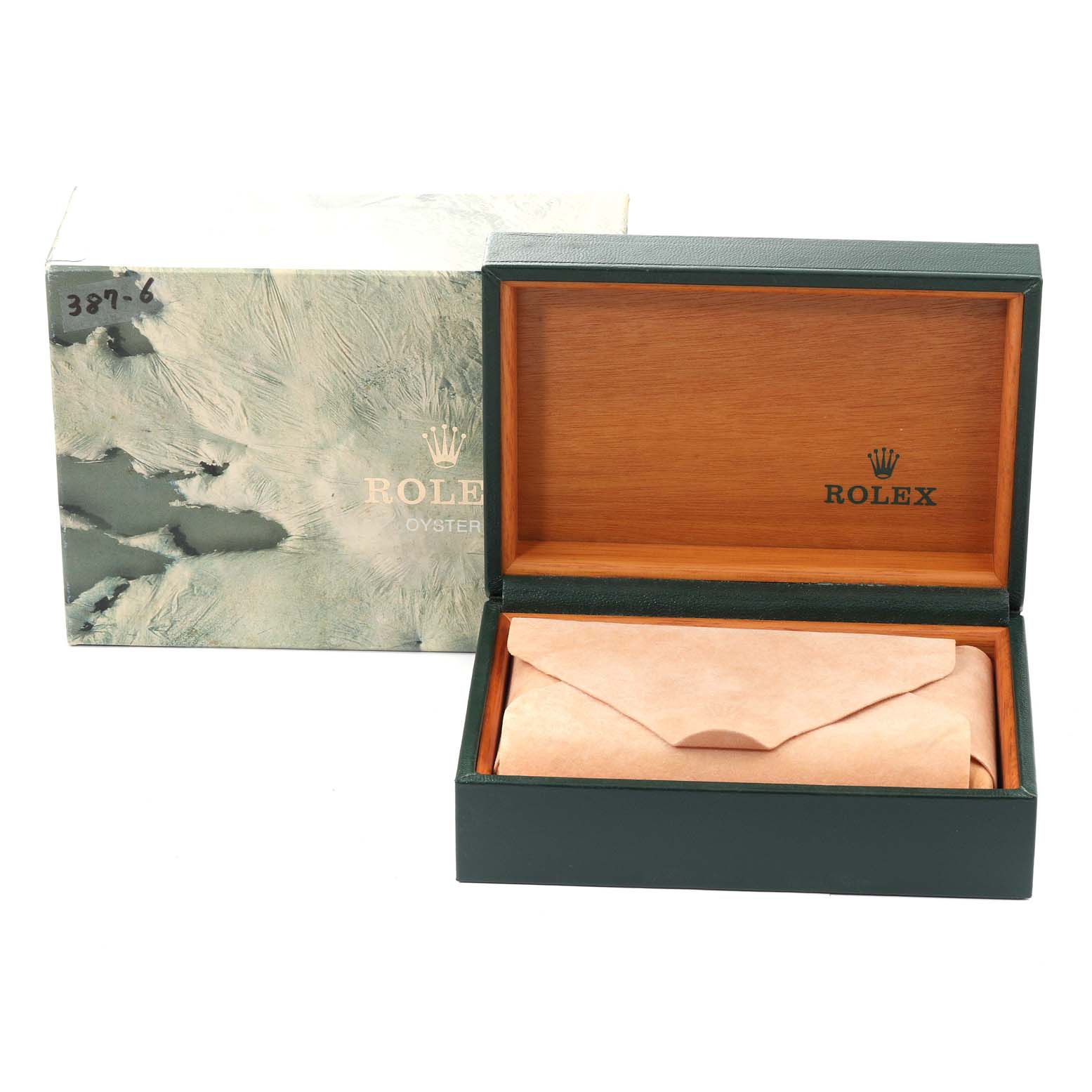 This image shows the packaging box and inner box for a Rolex Datejust 16220 Men's Stainless Steel Blue Dial 16220 Men's Stainless Steel Blue Dial watch, revealing the interior and placeholder pouch.