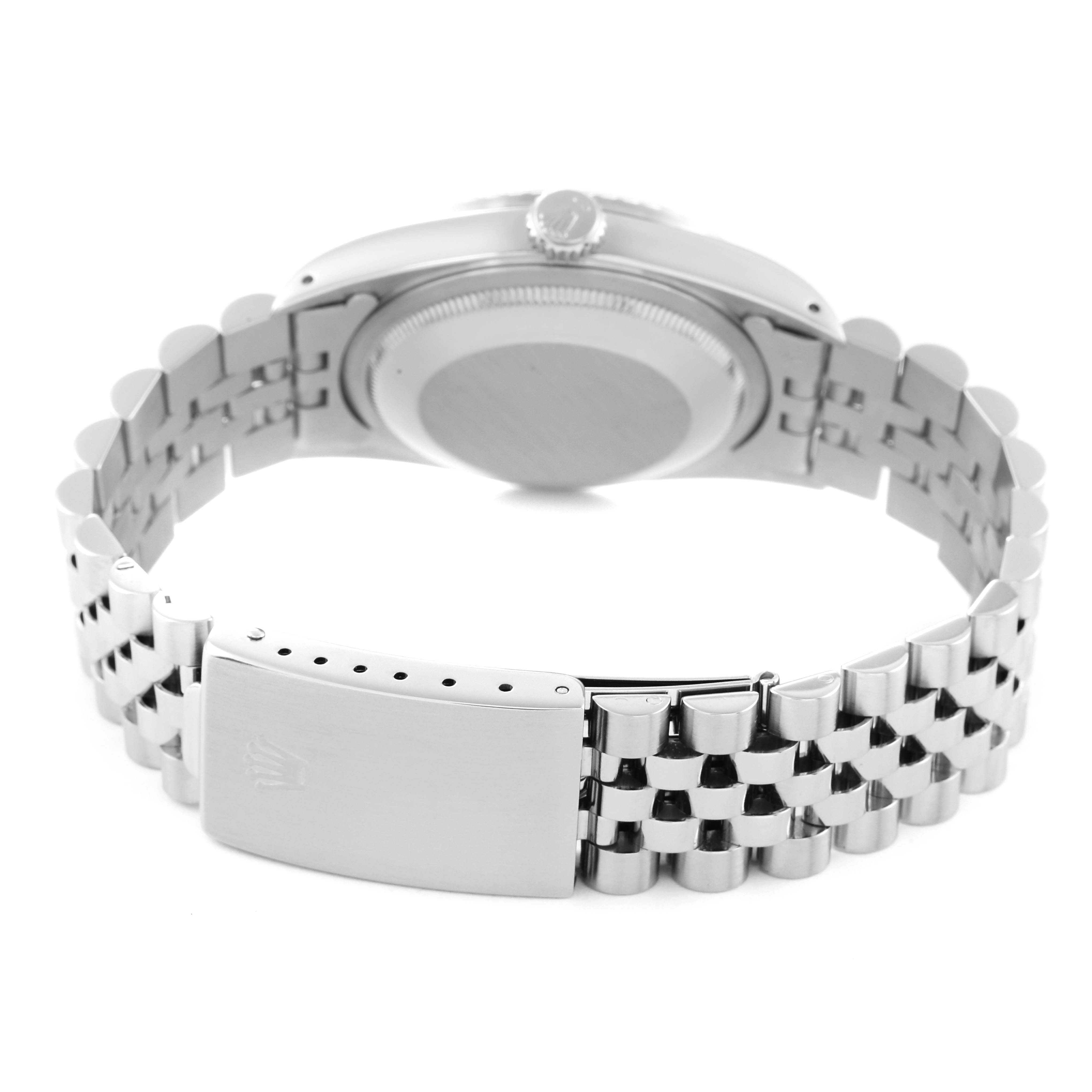 This image shows the back view of the Rolex Datejust 16220 Men's Stainless Steel Blue Dial 16220 Men's Stainless Steel Blue Dial watch, highlighting the watch case, crown, and the Jubilee bracelet with a sealed clasp.