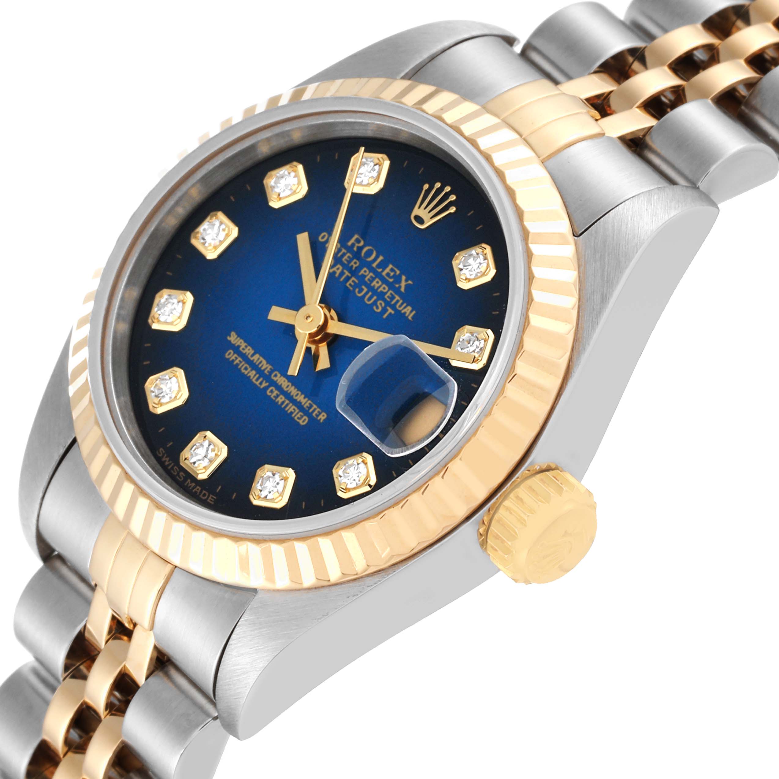 This image shows a close-up side angle of a Rolex Datejust 69173 Women's Steel and Gold (two tone) Blue Dial 69173 Women's Steel and Gold (two tone) Blue Dial watch, highlighting its blue dial, diamond hour markers, and Jubilee bracelet.