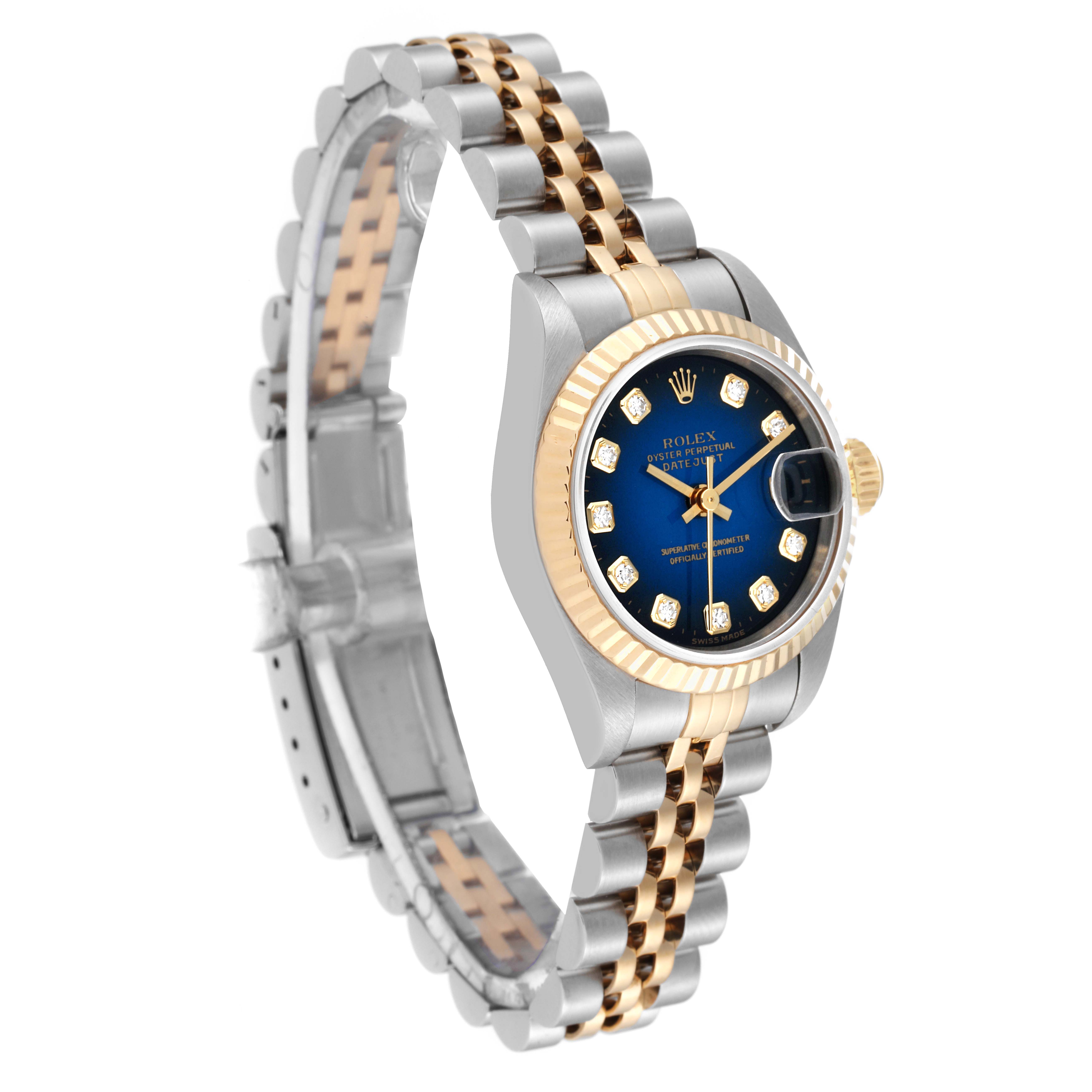 The image shows a Rolex Datejust 69173 Women's Steel and Gold (two tone) Blue Dial 69173 Women's Steel and Gold (two tone) Blue Dial watch angled slightly to the right, highlighting the dial, bezel, crown, and two-tone bracelet.