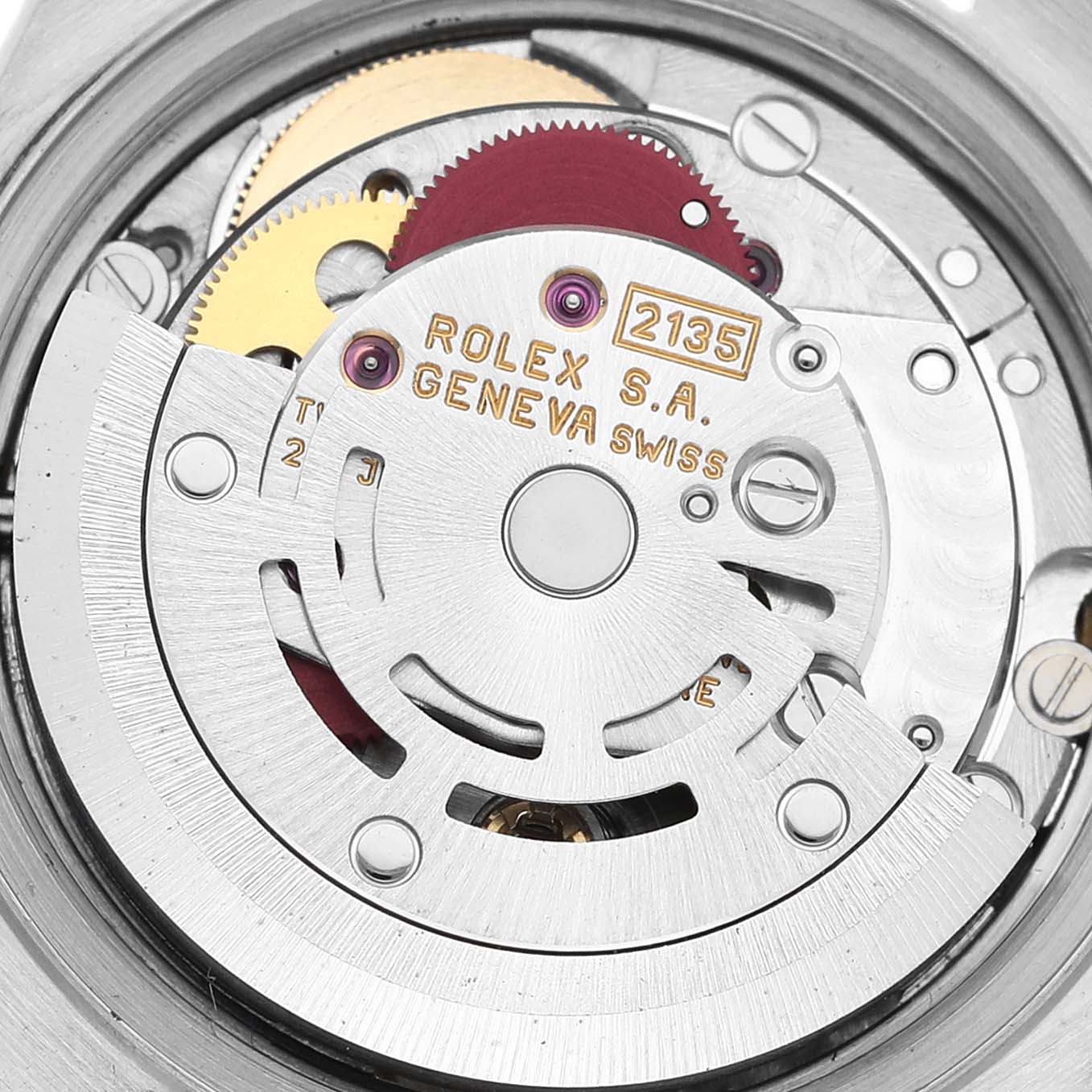 This image shows the internal movement mechanism of the Rolex Datejust 69173 Women's Steel and Gold (two tone) Blue Dial 69173 Women's Steel and Gold (two tone) Blue Dial watch, featuring part 2135.