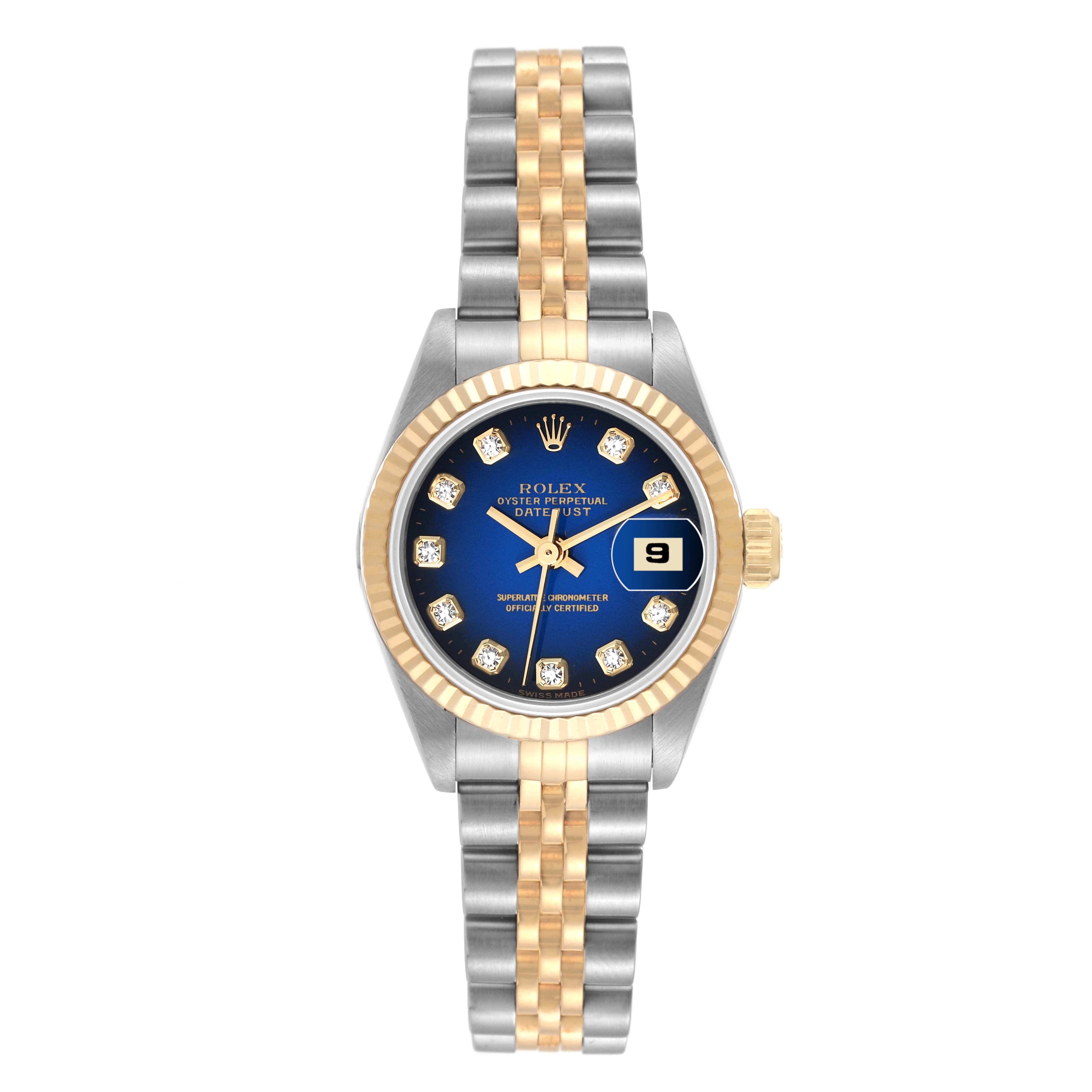This image shows a front view of the Rolex Datejust 69173 Women's Steel and Gold (two tone) Blue Dial 69173 Women's Steel and Gold (two tone) Blue Dial watch, showcasing the dial, bezel, and bracelet.