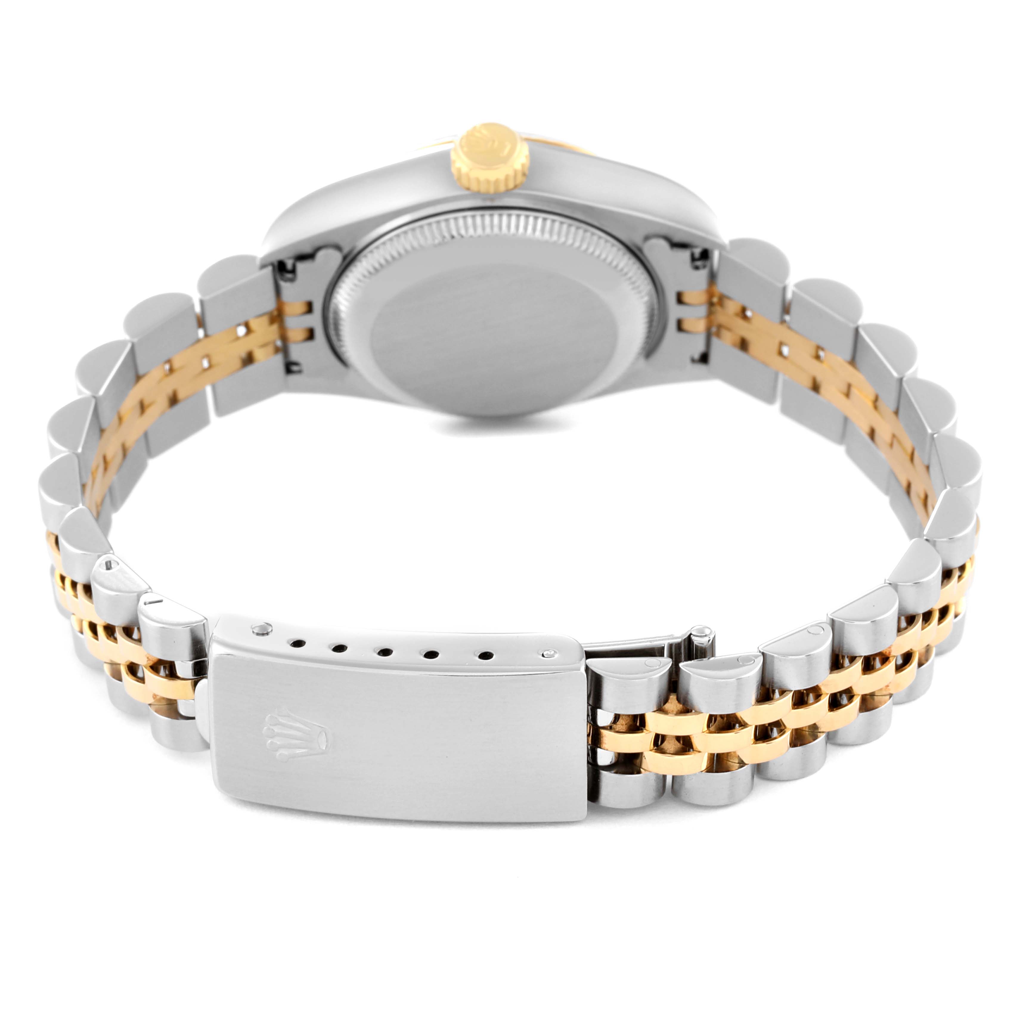 The image shows the underside and bracelet of a Rolex Datejust 69173 Women's Steel and Gold (two tone) Blue Dial 69173 Women's Steel and Gold (two tone) Blue Dial watch, with a focus on the clasp and case back.