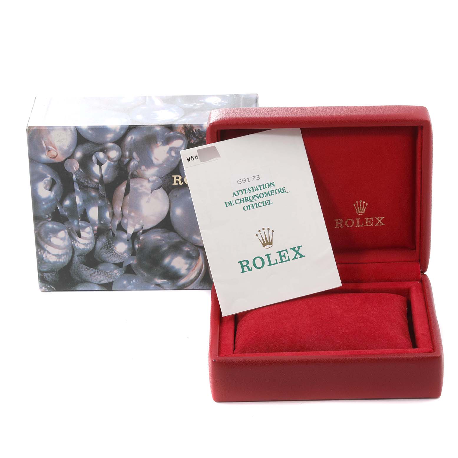 The image shows a Rolex Datejust 69173 Women's Steel and Gold (two tone) Blue Dial 69173 Women's Steel and Gold (two tone) Blue Dial watch box, card holder, and original packaging at a side angle.