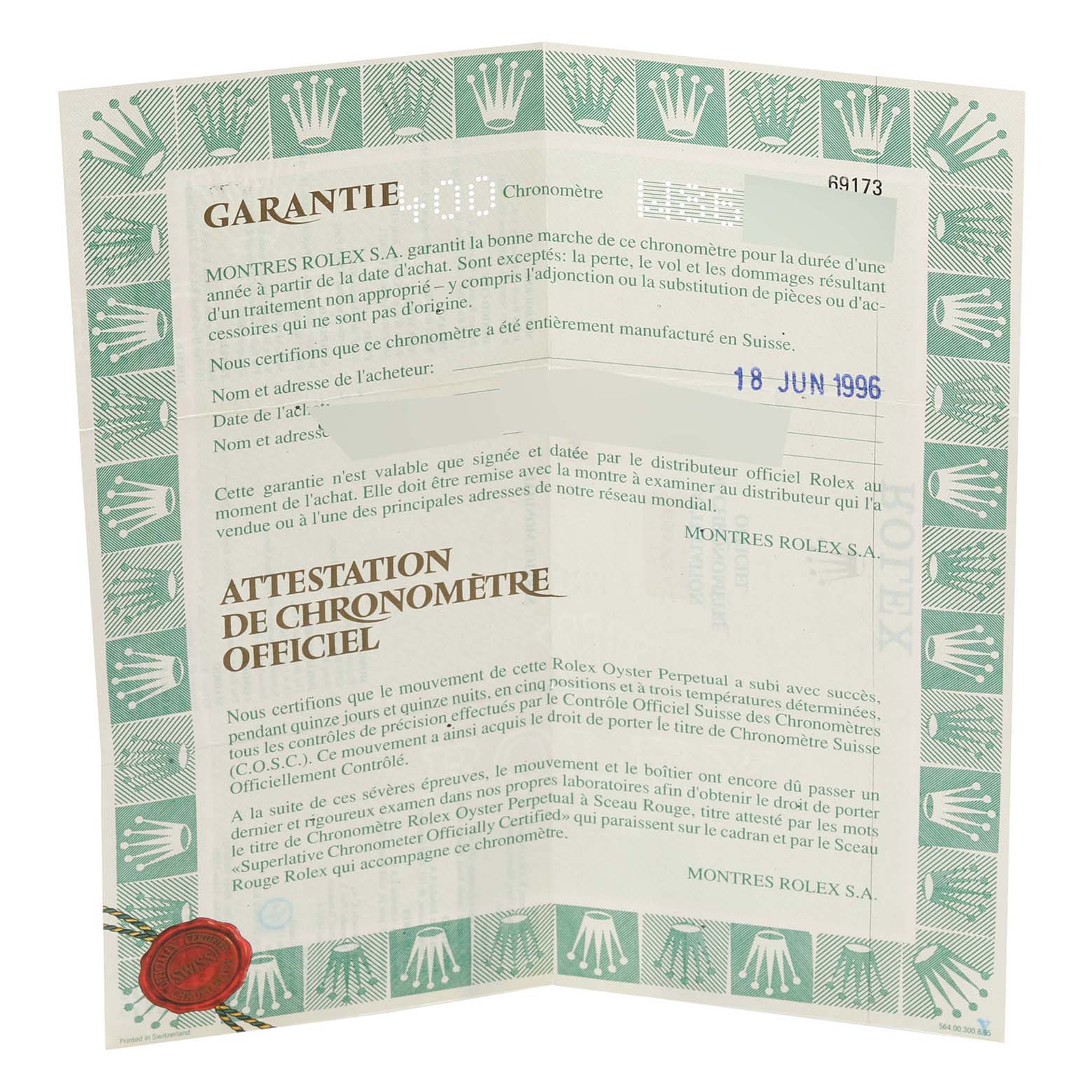 The image shows the warranty certificate for a Rolex Datejust 69173 Women's Steel and Gold (two tone) Blue Dial 69173 Women's Steel and Gold (two tone) Blue Dial model, highlighting the text and official seals.