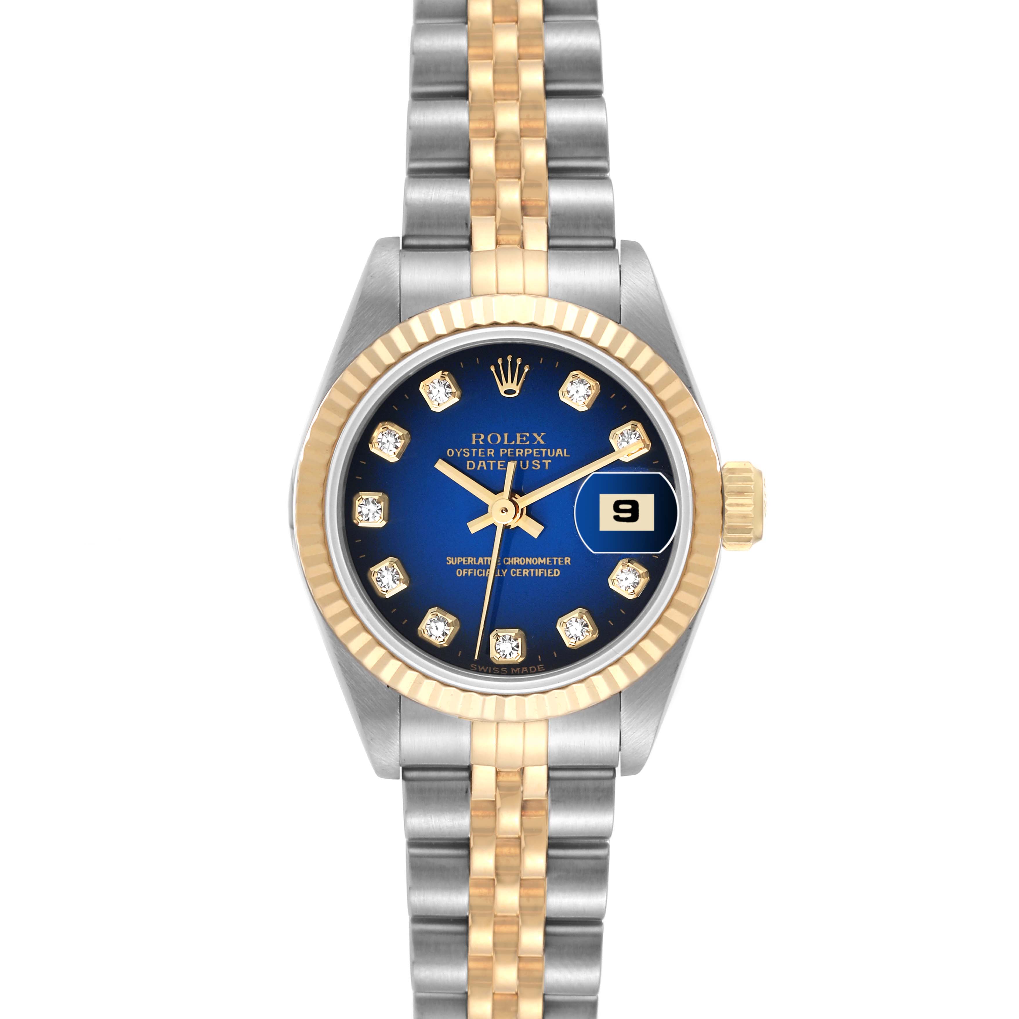 The image shows a front view of a Rolex Datejust 69173 Women's Steel and Gold (two tone) Blue Dial 69173 Women's Steel and Gold (two tone) Blue Dial watch with a two-tone bracelet, blue dial, diamond hour markers, and date window.