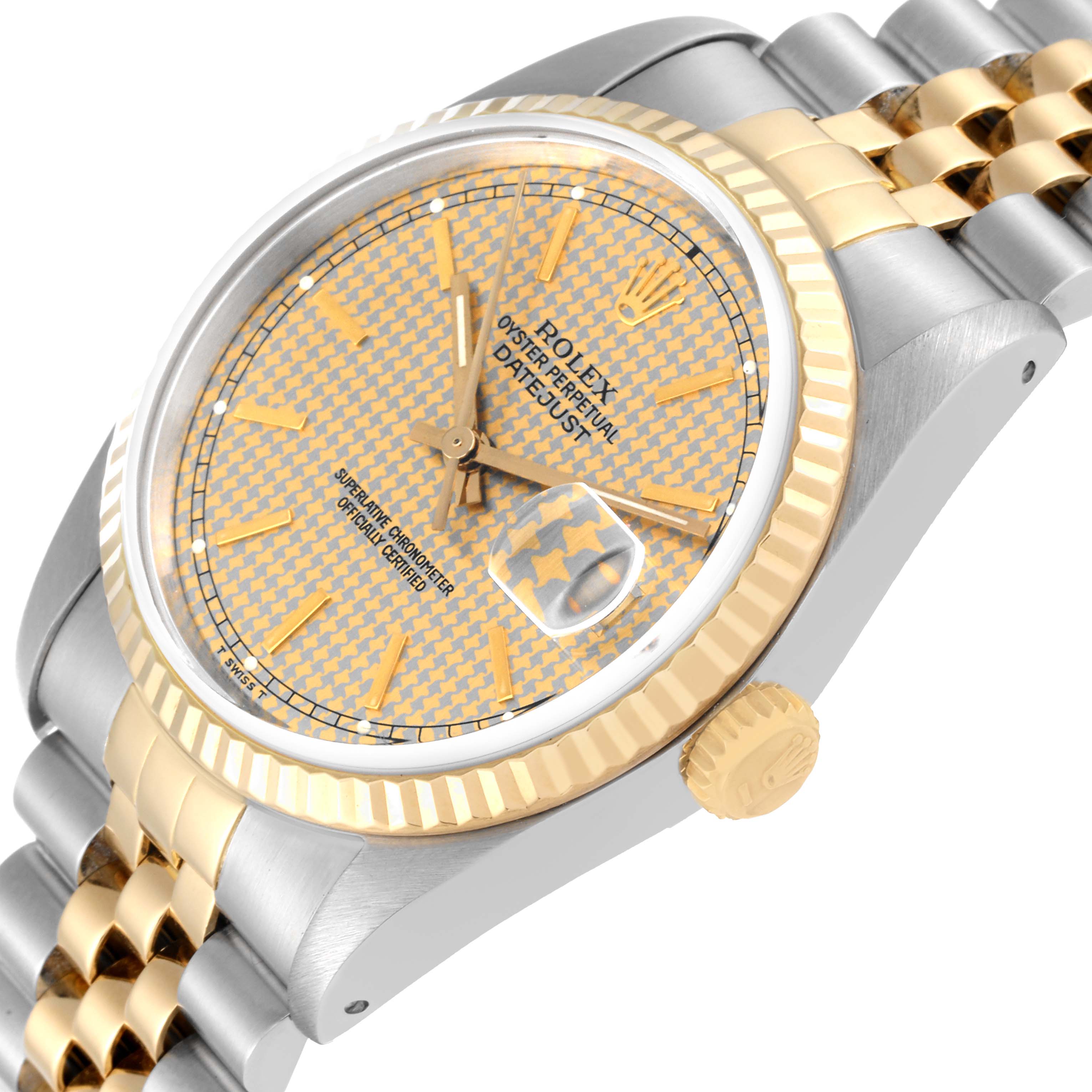 The image shows a side-angled view of a Rolex Datejust 16233 Men's Steel and Gold (two tone) Champagne Dial 16233 Men's Steel and Gold (two tone) Champagne Dial model highlighting its dial, bezel, crown, and part of the bracelet.
