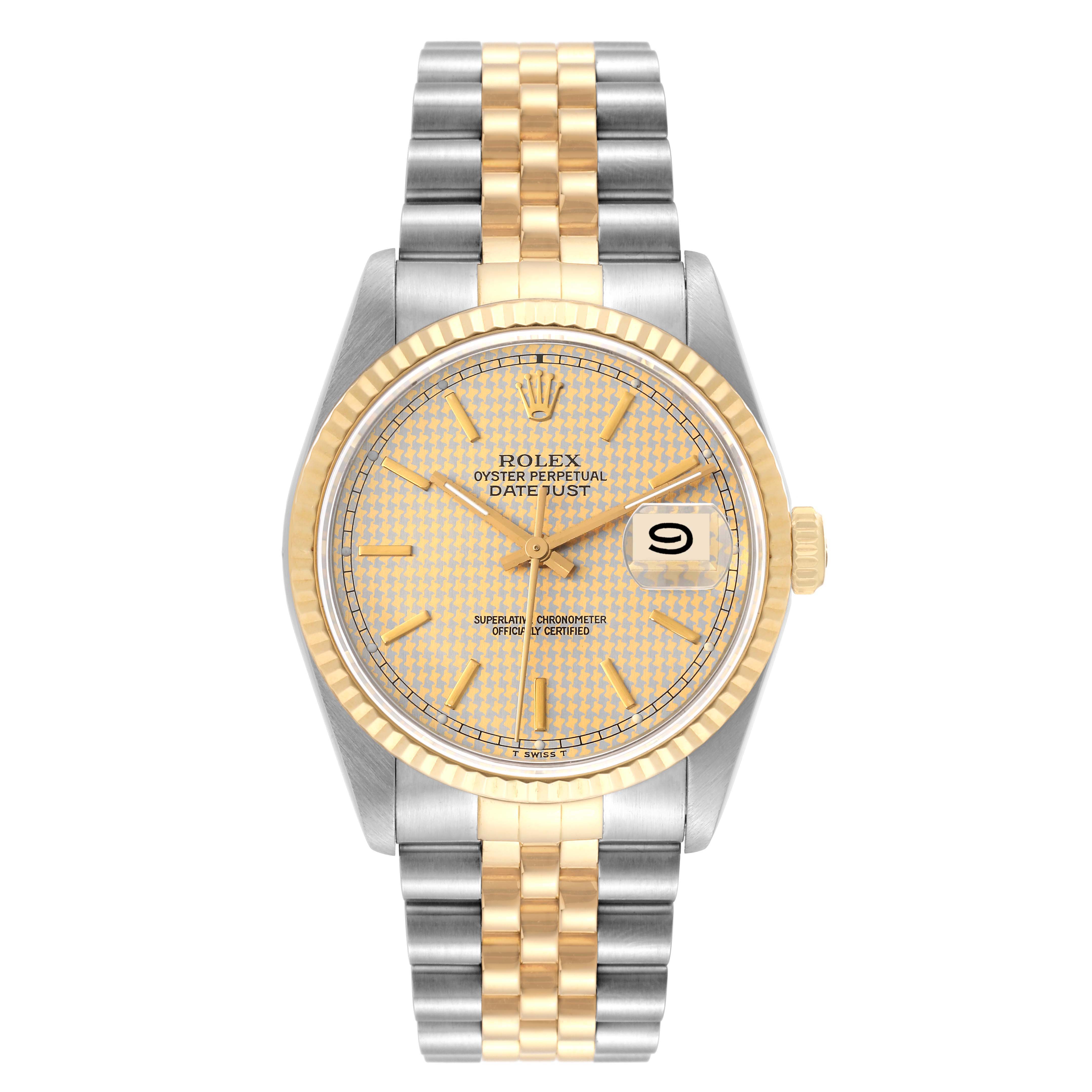 This Rolex Datejust 16233 Men's Steel and Gold (two tone) Champagne Dial 16233 Men's Steel and Gold (two tone) Champagne Dial watch is shown from the front, highlighting its face, bezel, crown, and bracelet.