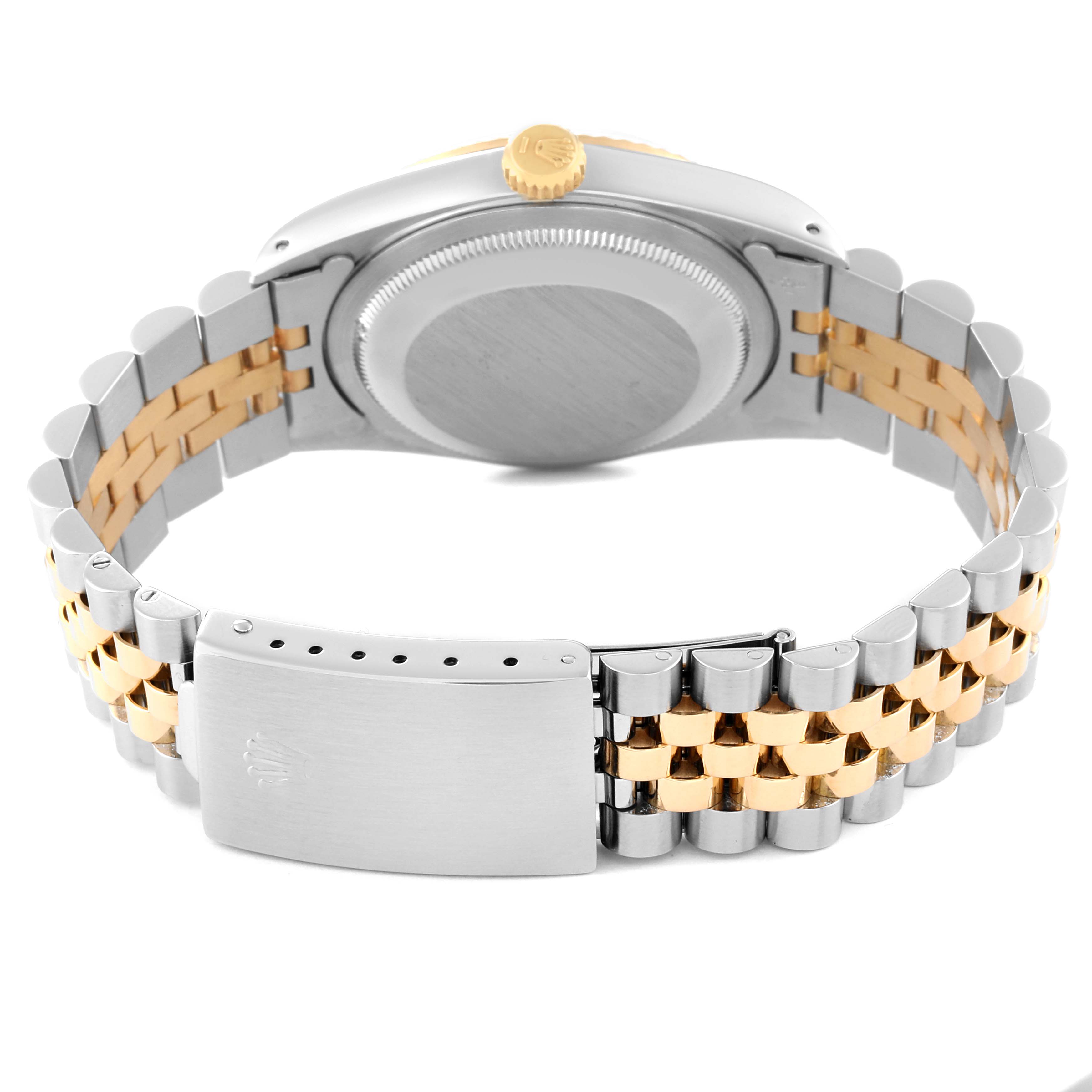 The image shows the back view and clasp of a Rolex Datejust 16233 Men's Steel and Gold (two tone) Champagne Dial 16233 Men's Steel and Gold (two tone) Champagne Dial watch, highlighting its two-tone bracelet and case back.