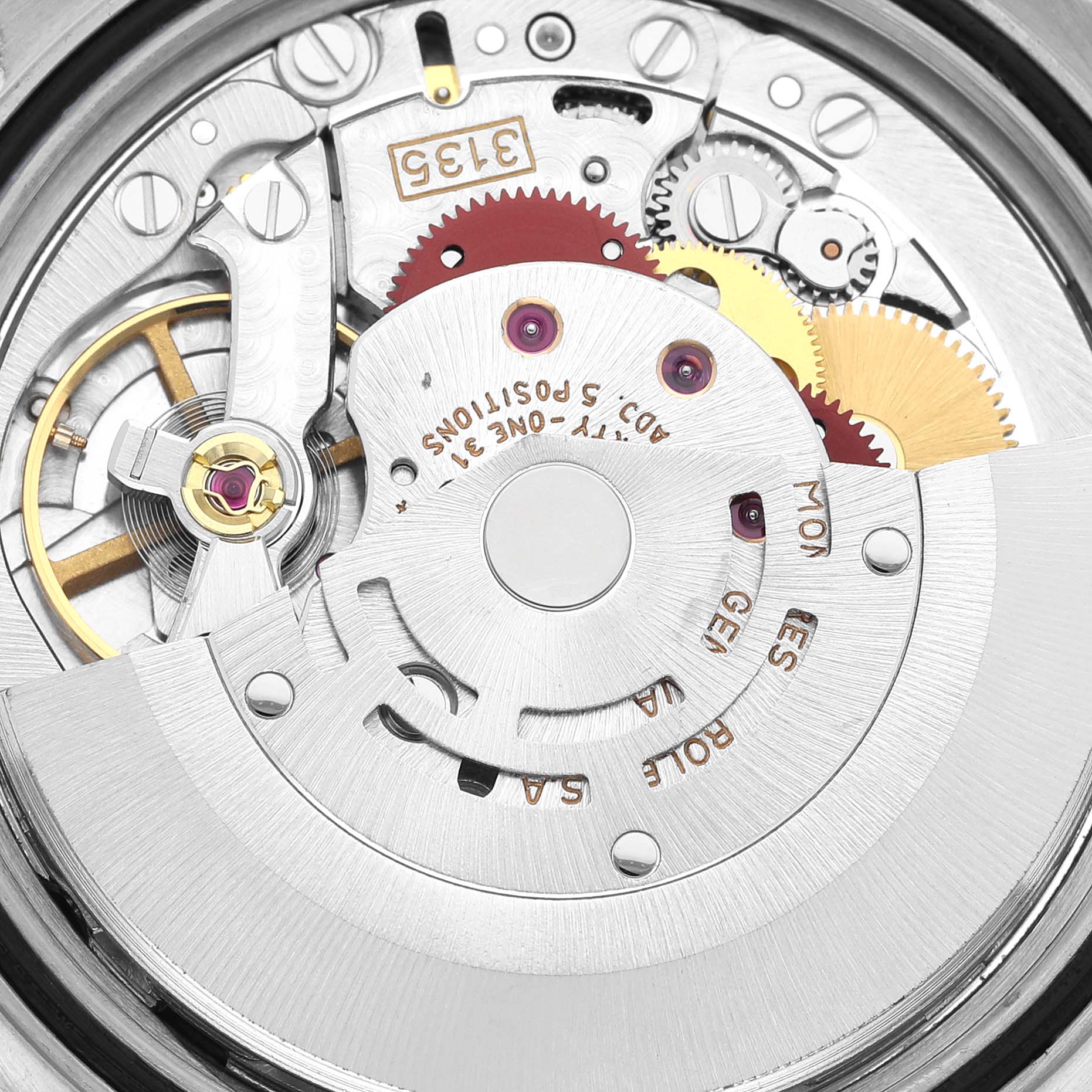 This is an angled close-up of the Rolex Datejust 16233 Men's Steel and Gold (two tone) Champagne Dial 16233 Men's Steel and Gold (two tone) Champagne Dial watch movement showing internal gears and mechanisms.