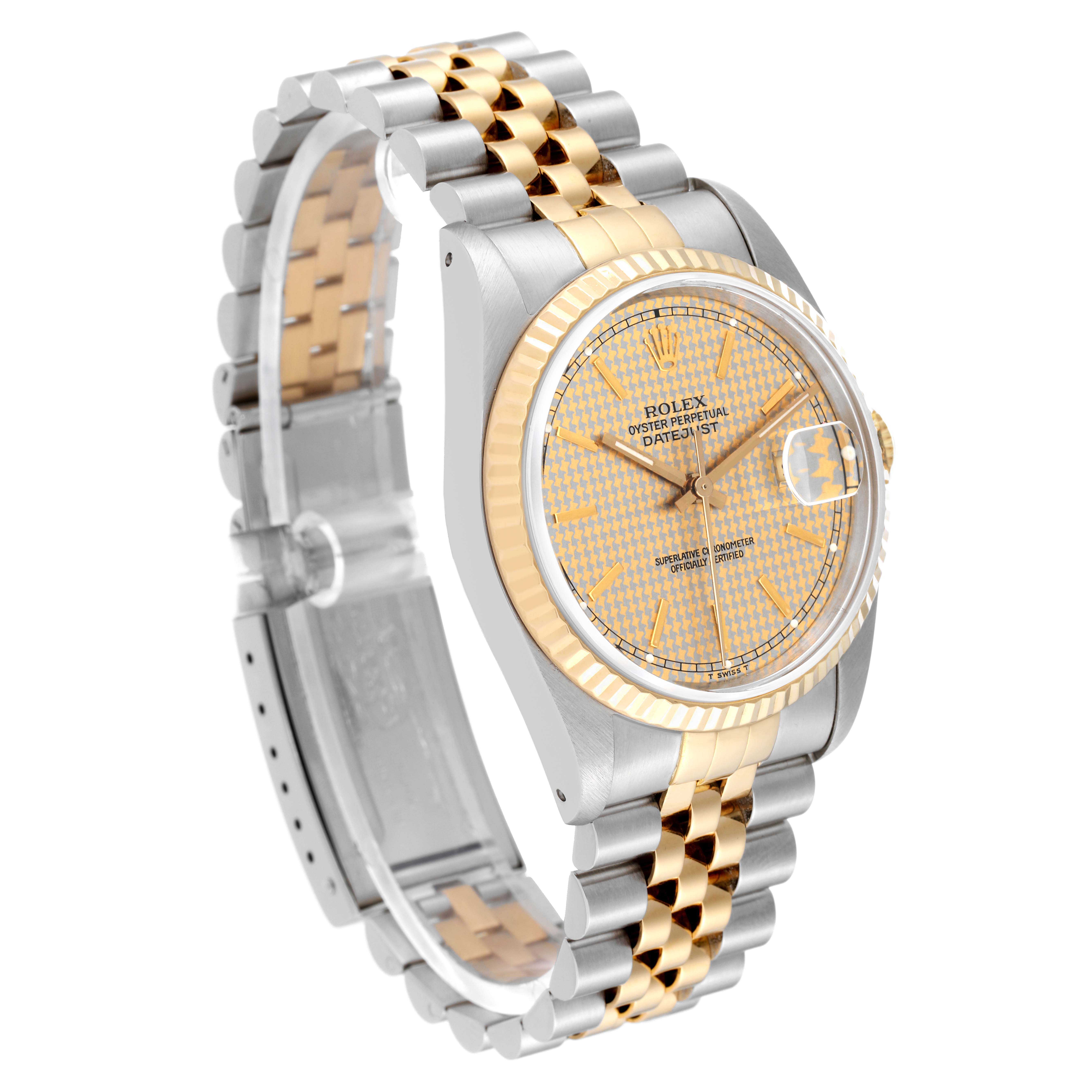 The image shows a front-left angled view of a Rolex Datejust 16233 Men's Steel and Gold (two tone) Champagne Dial 16233 Men's Steel and Gold (two tone) Champagne Dial watch, highlighting its two-tone metal bracelet and textured dial.