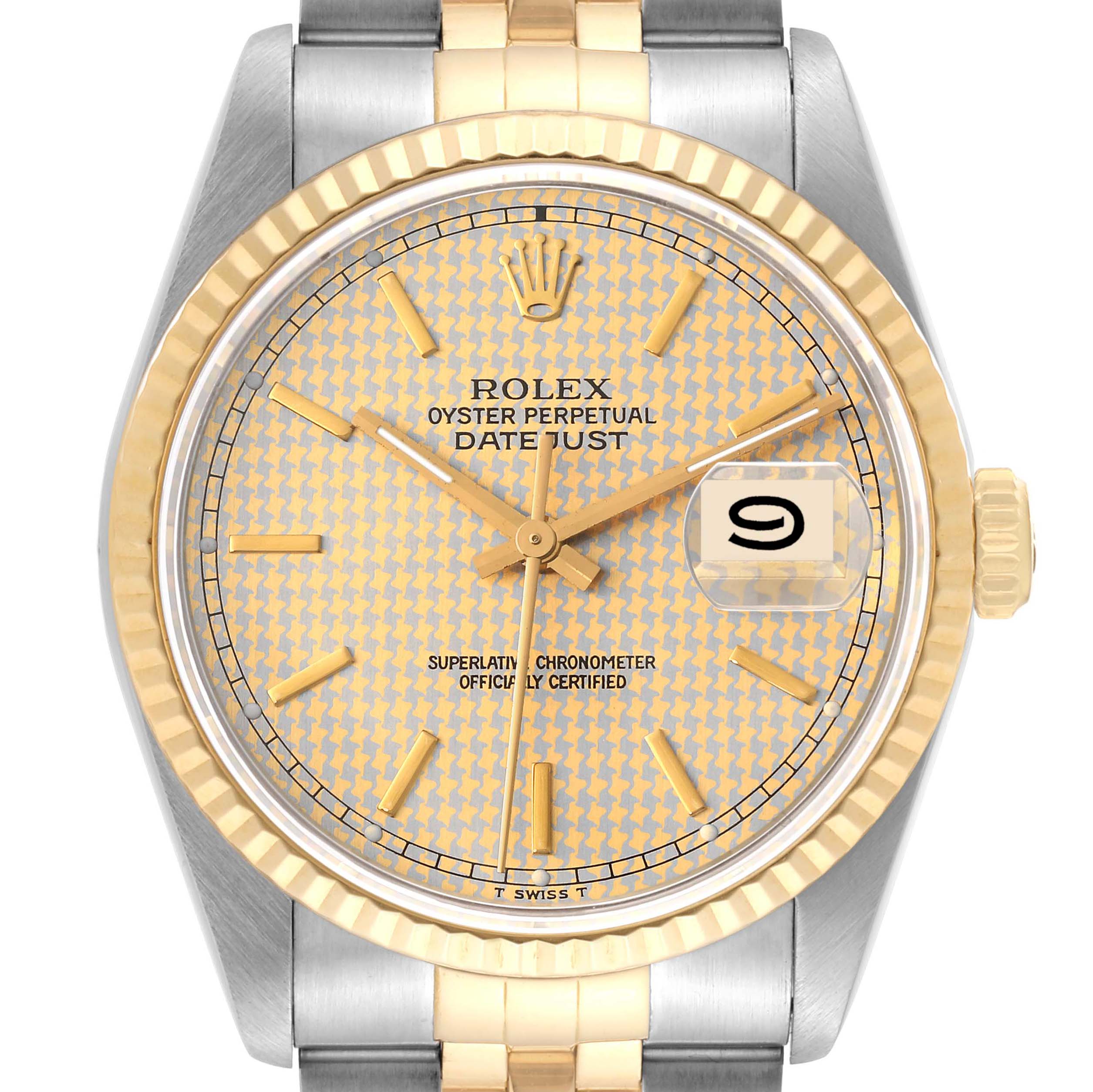 This image shows a frontal view of a Rolex Datejust 16233 Men's Steel and Gold (two tone) Champagne Dial 16233 Men's Steel and Gold (two tone) Champagne Dial watch, highlighting its dial, bezel, crown, and part of the bracelet.