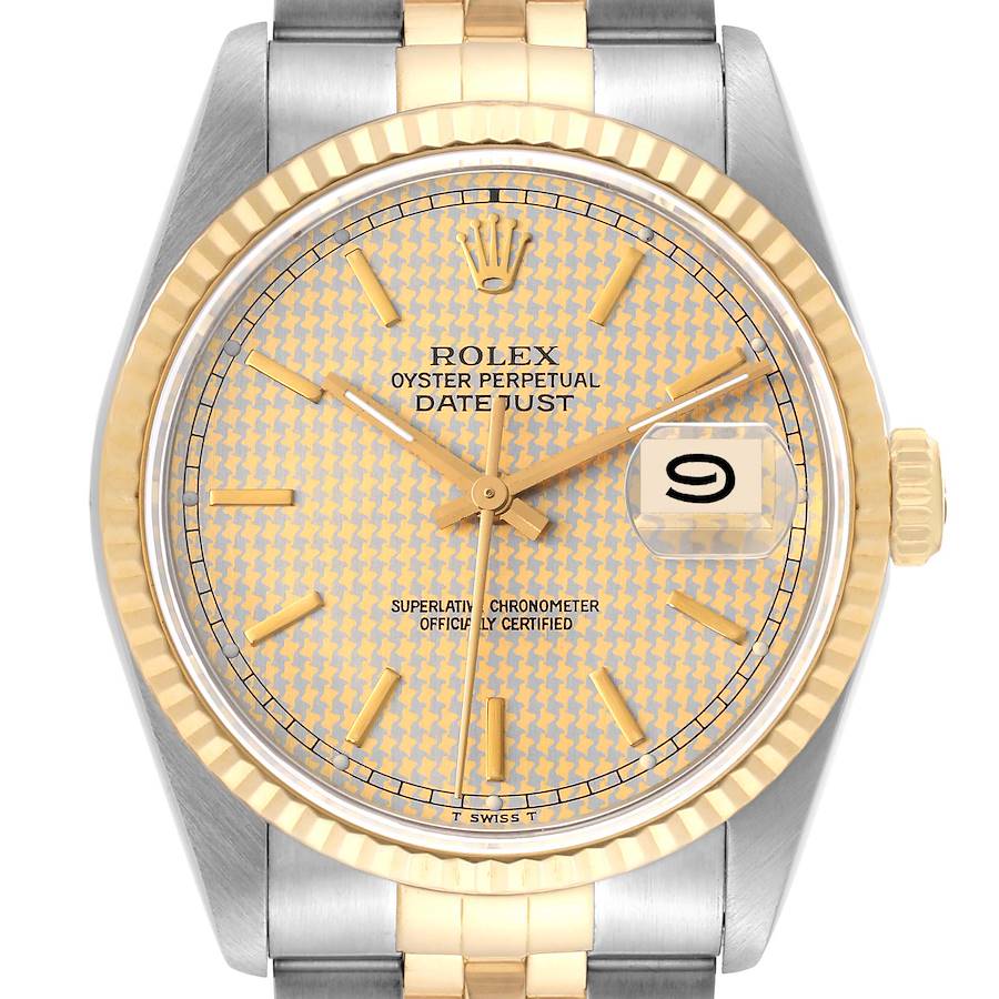 Rolex Datejust Houndstooth Dial Steel Yellow Gold Mens Watch 16233 SwissWatchExpo