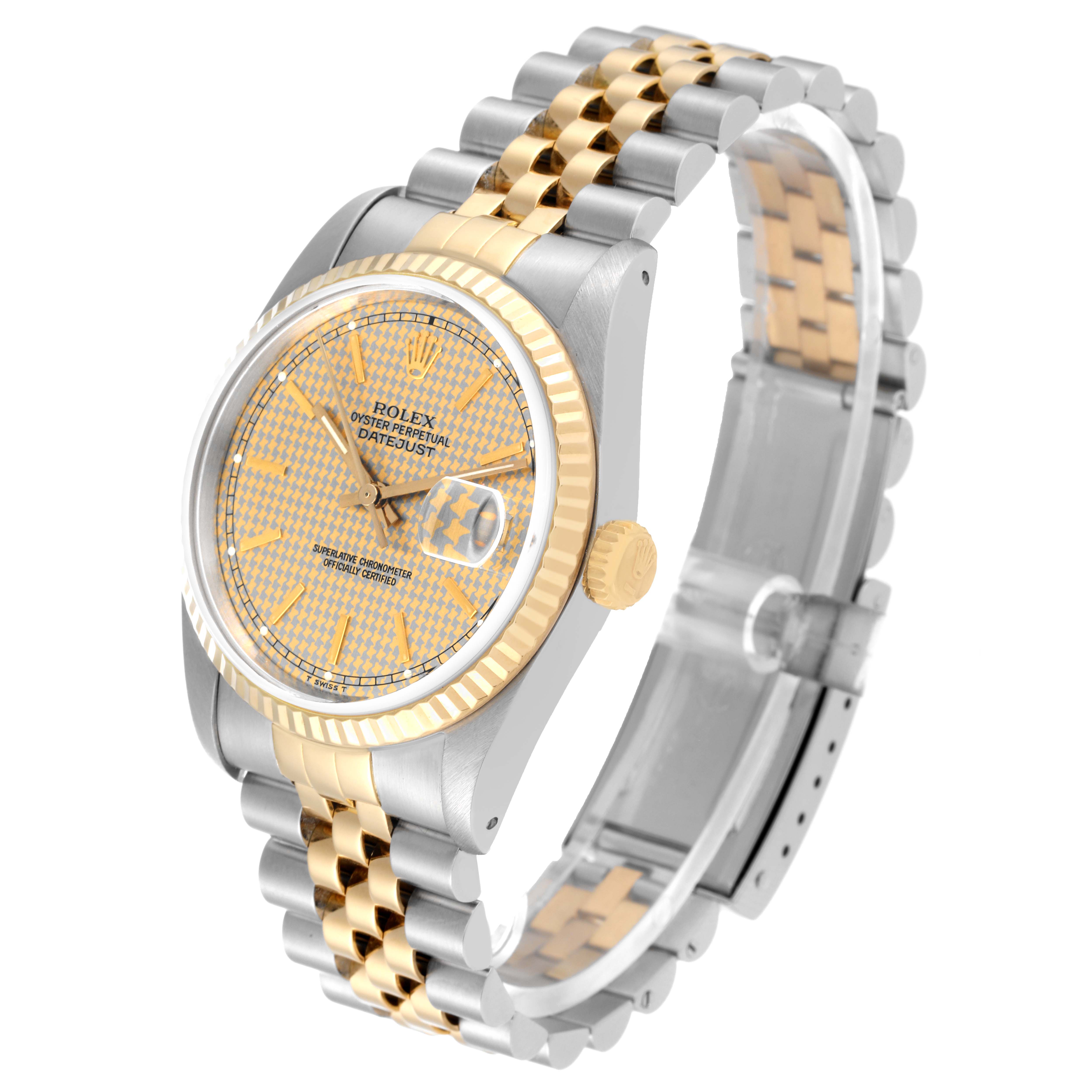 The image shows a Rolex Datejust 16233 Men's Steel and Gold (two tone) Champagne Dial 16233 Men's Steel and Gold (two tone) Champagne Dial watch angled to display the face, bezel, crown, and two-tone bracelet.