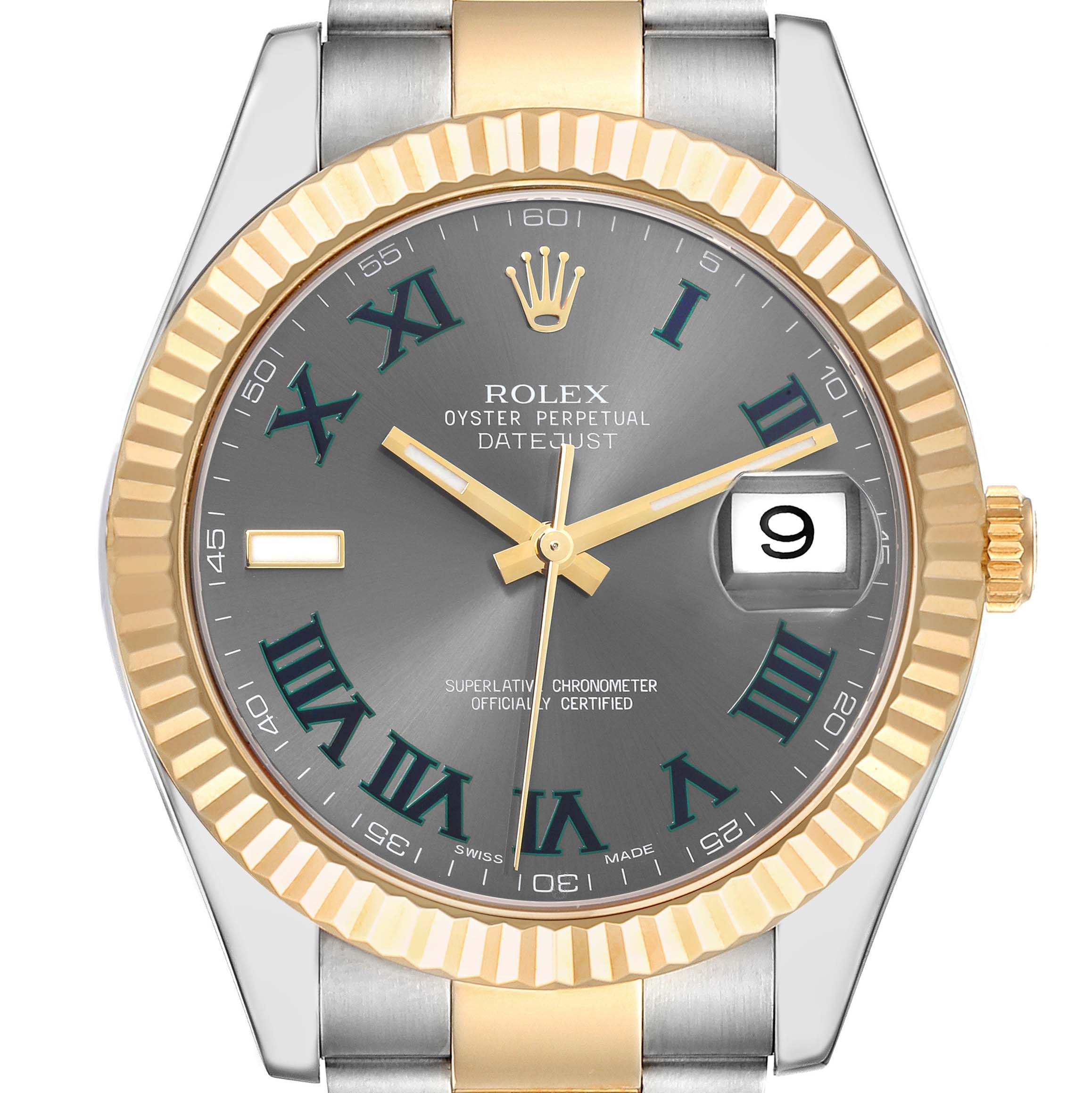 The Rolex Datejust 41 116333 Men's Steel and Gold (two tone) Grey Dial 116333 Men's Steel and Gold (two tone) Grey Dial is shown from a top view, highlighting the bezel, dial, hands, Roman numerals, and date window.