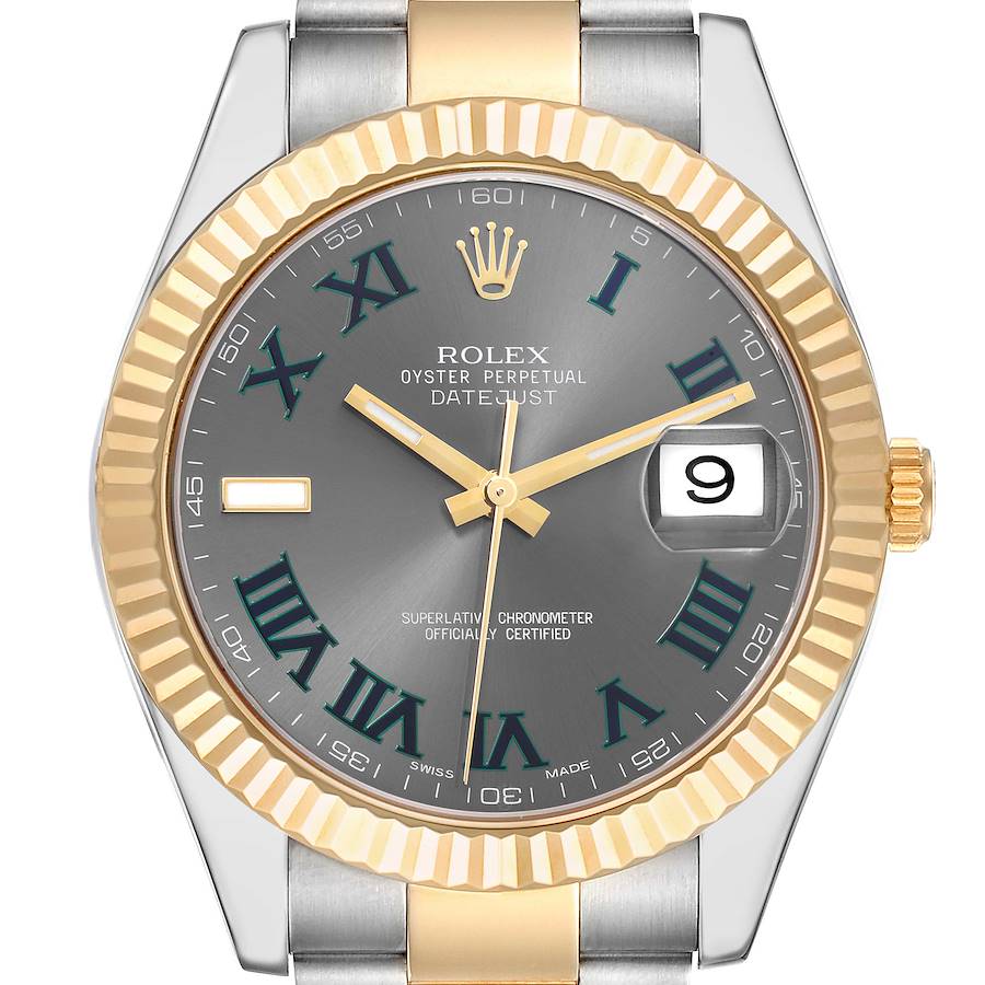 The Rolex Datejust 41 is shown from a top view, highlighting the bezel, dial, hands, Roman numerals, and date window.