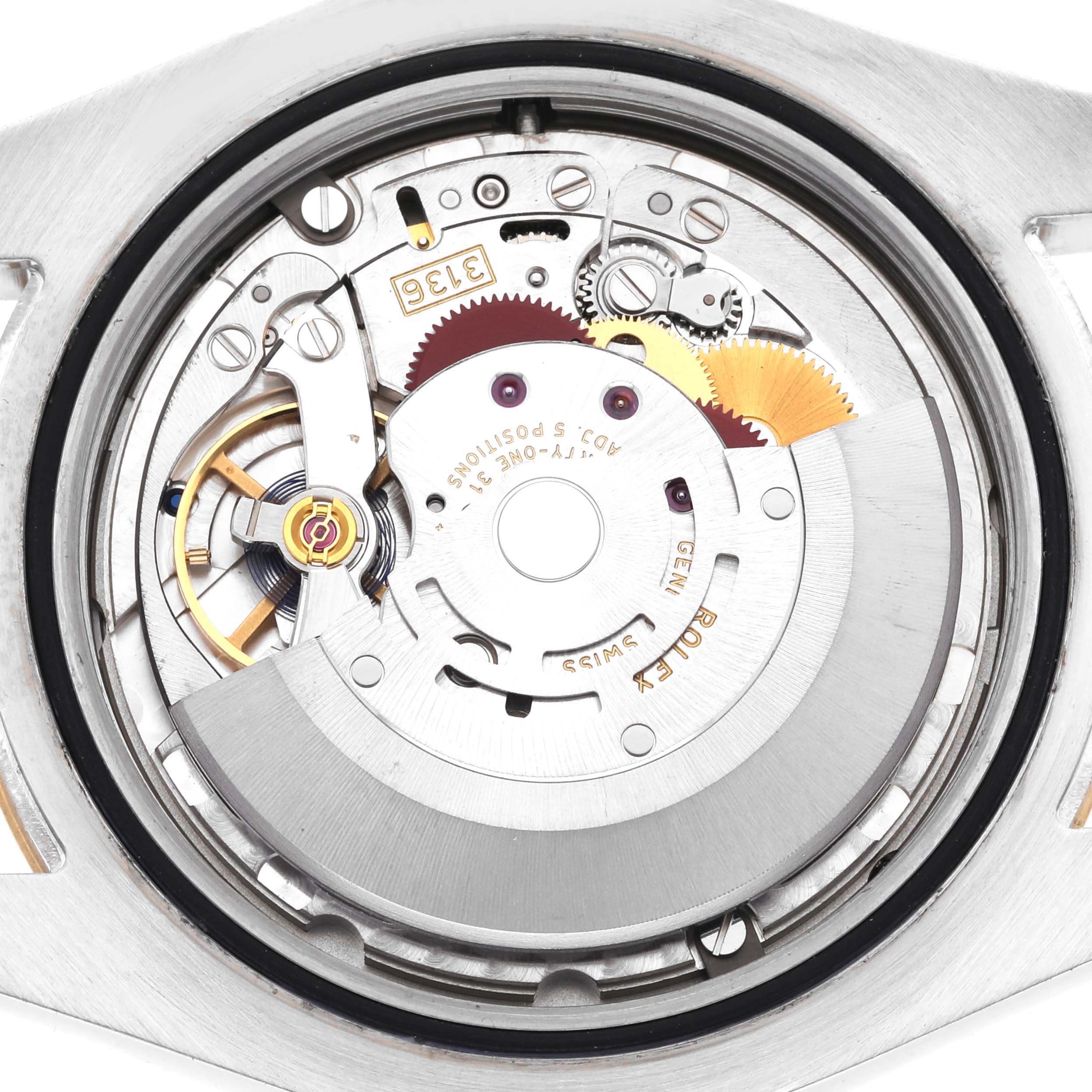 The image shows the internal mechanism and movement of the Rolex Datejust 41 116333 Men's Steel and Gold (two tone) Grey Dial 116333 Men's Steel and Gold (two tone) Grey Dial from a back angle.