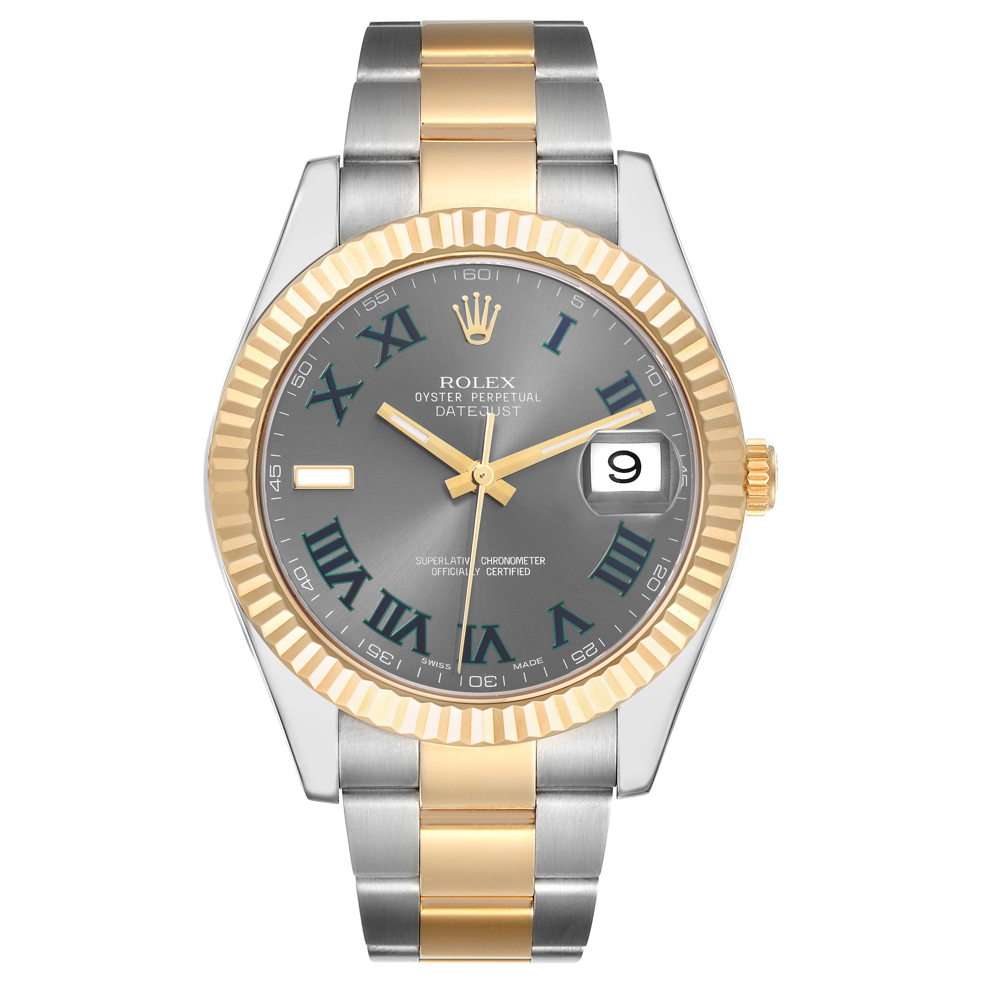 The Rolex Datejust 41 116333 Men's Steel and Gold (two tone) Grey Dial 116333 Men's Steel and Gold (two tone) Grey Dial is shown from a front view, displaying its two-tone bracelet and fluted bezel.