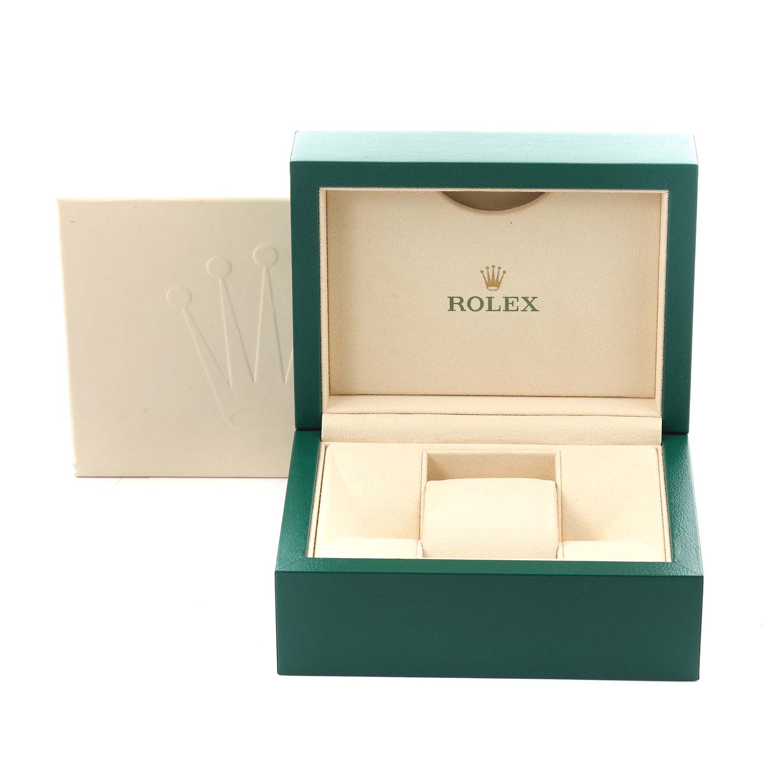 The image shows an open green Rolex Datejust 41 116333 Men's Steel and Gold (two tone) Grey Dial 116333 Men's Steel and Gold (two tone) Grey Dial watch box with beige interior and branding, viewed from the front.