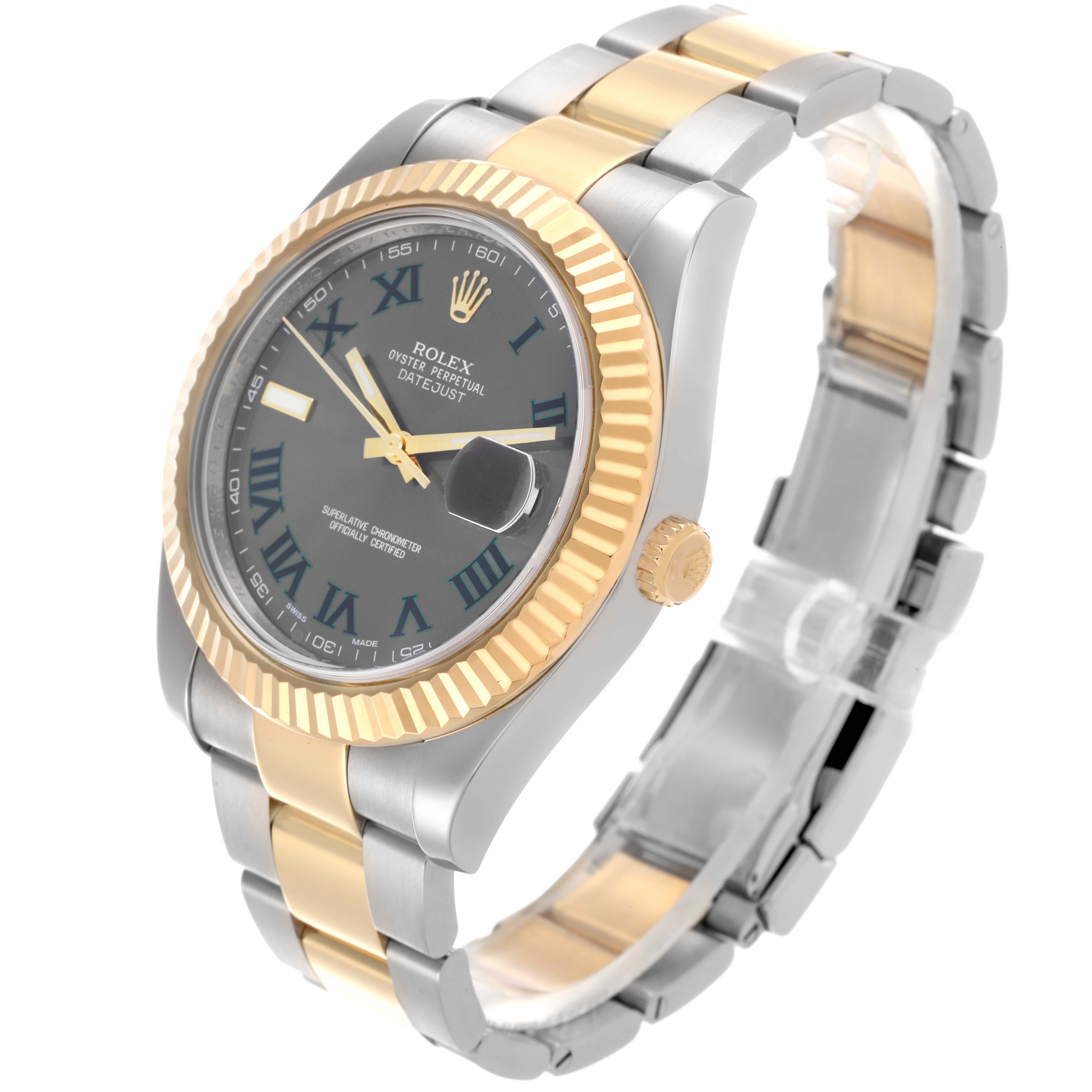The Rolex Datejust 41 116333 Men's Steel and Gold (two tone) Grey Dial 116333 Men's Steel and Gold (two tone) Grey Dial is shown at an angled view, displaying the dial, bezel, crown, and Jubilee bracelet.