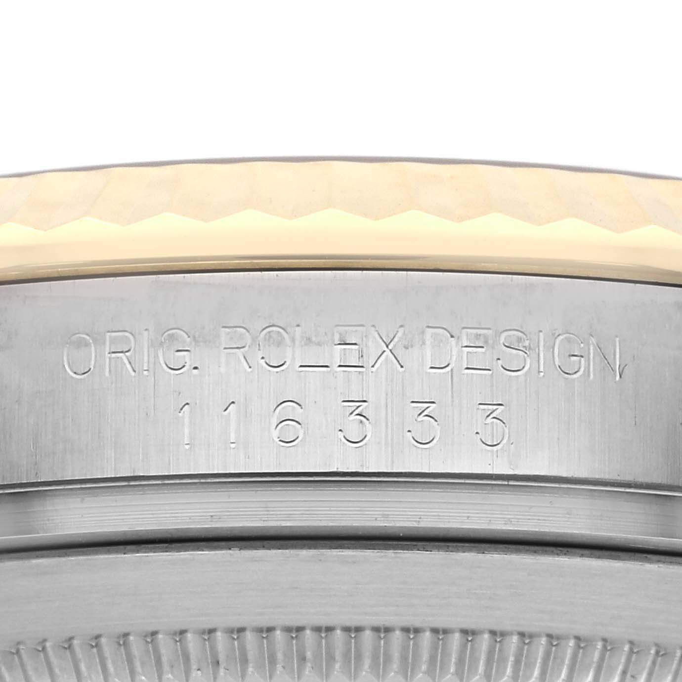 The image shows a detailed side view of the Rolex Datejust 41 116333 Men's Steel and Gold (two tone) Grey Dial 116333 Men's Steel and Gold (two tone) Grey Dial bezel, highlighting the "ORIG. ROLEX DESIGN" engraving.