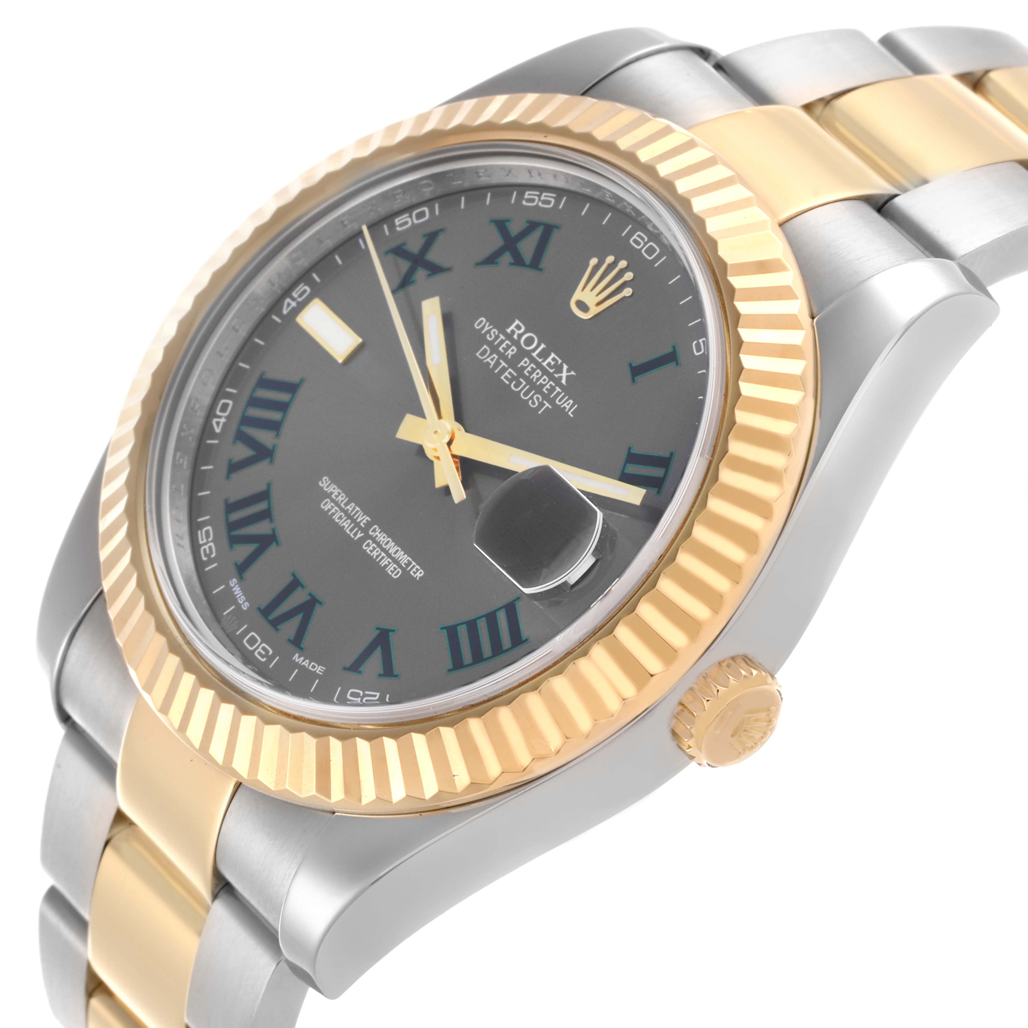 The Rolex Datejust 41 116333 Men's Steel and Gold (two tone) Grey Dial 116333 Men's Steel and Gold (two tone) Grey Dial is shown from a side angle displaying the dial, fluted bezel, crown, and bracelet.