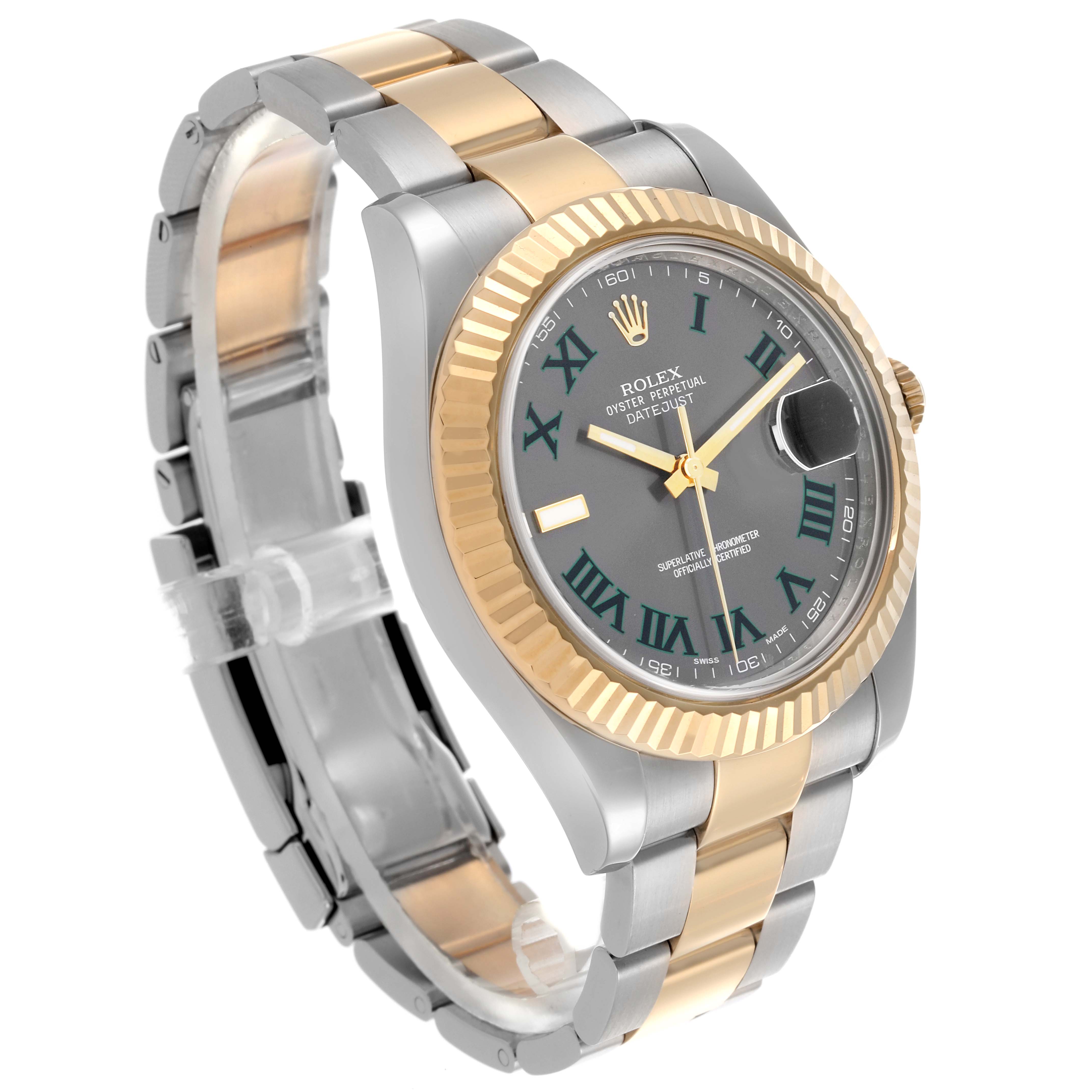 The Rolex Datejust 41 116333 Men's Steel and Gold (two tone) Grey Dial 116333 Men's Steel and Gold (two tone) Grey Dial is shown at an angled side view, displaying the bracelet, fluted bezel, and dial with Roman numerals.