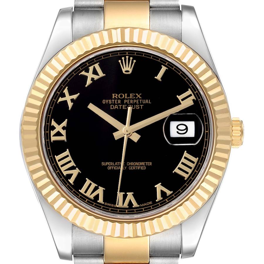 The Rolex Datejust 41 is shown from the front, highlighting its gold fluted bezel, black dial, and date window.