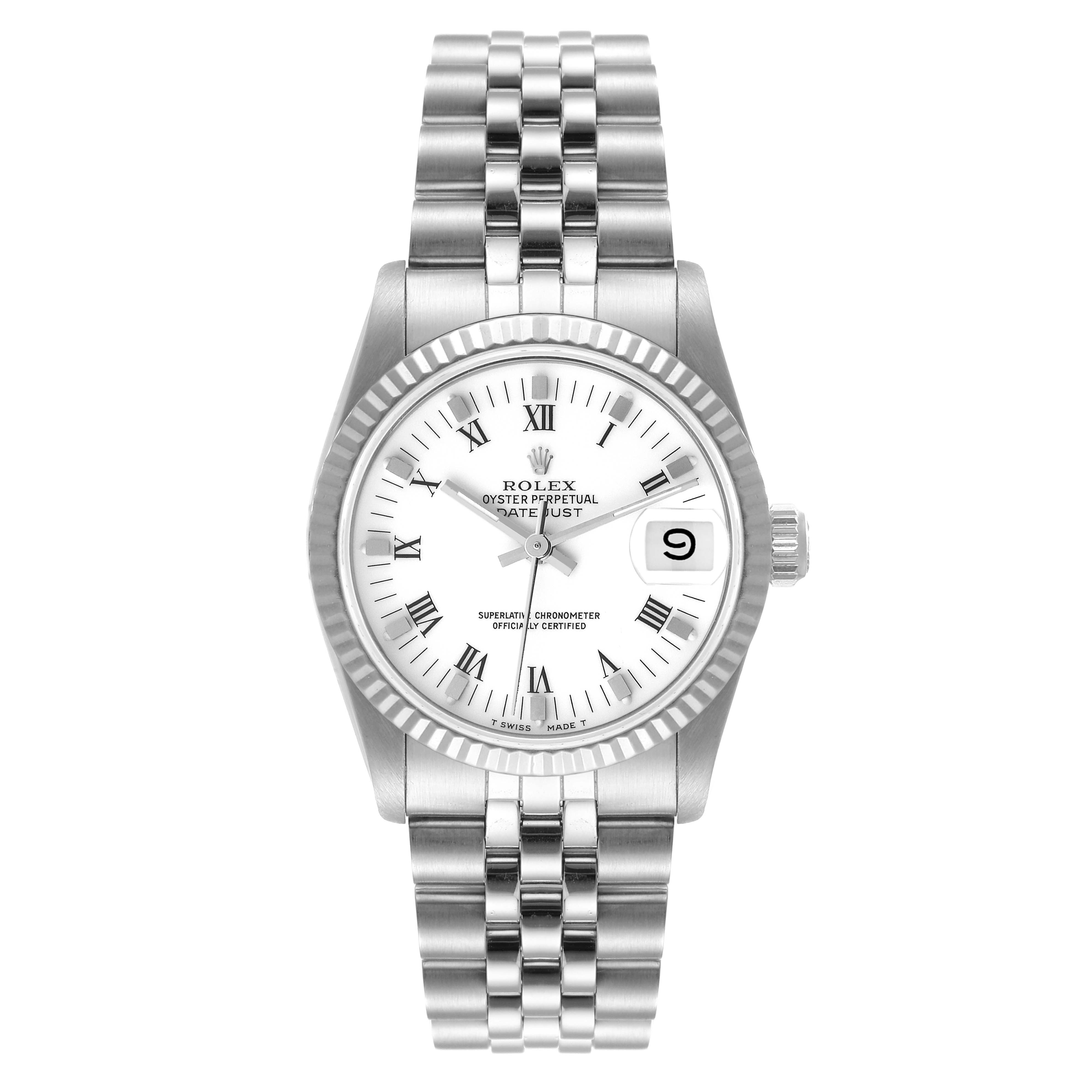 The Rolex Mid-Size 68274 Women
s Stainless Steel White Dial 68274 Women
s Stainless Steel White Dial Oyster Perpetual Datejust is shown from the front, displaying the dial, hands, date window, case, and bracelet.