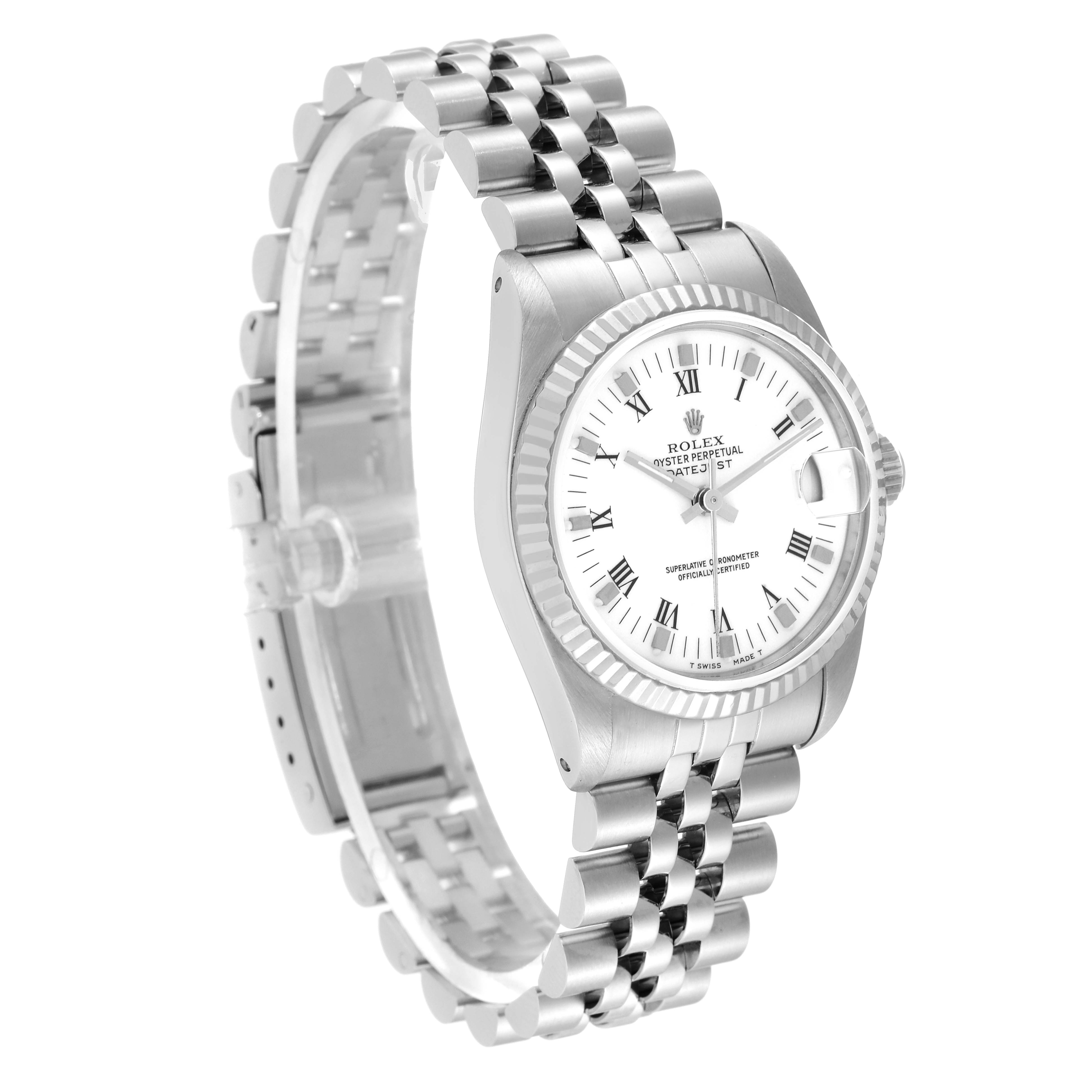 This image shows a Rolex Mid-Size 68274 Women
s Stainless Steel White Dial 68274 Women
s Stainless Steel White Dial watch at a slight left-side angle, featuring the face, bezel, and bracelet.