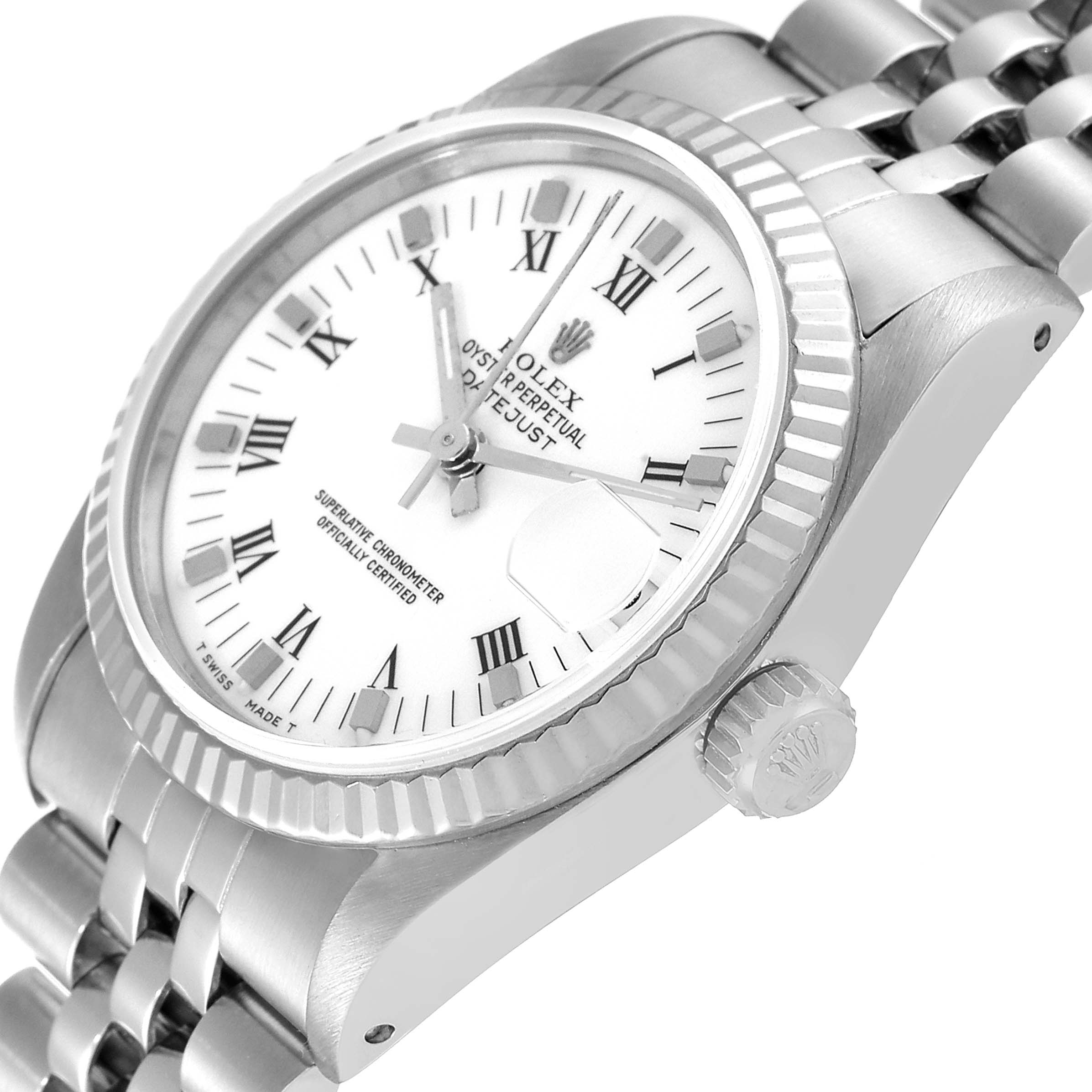 The image shows a close-up angled view of a Rolex Oyster Perpetual Datejust Mid-Size watch, displaying the dial, bezel, and crown.