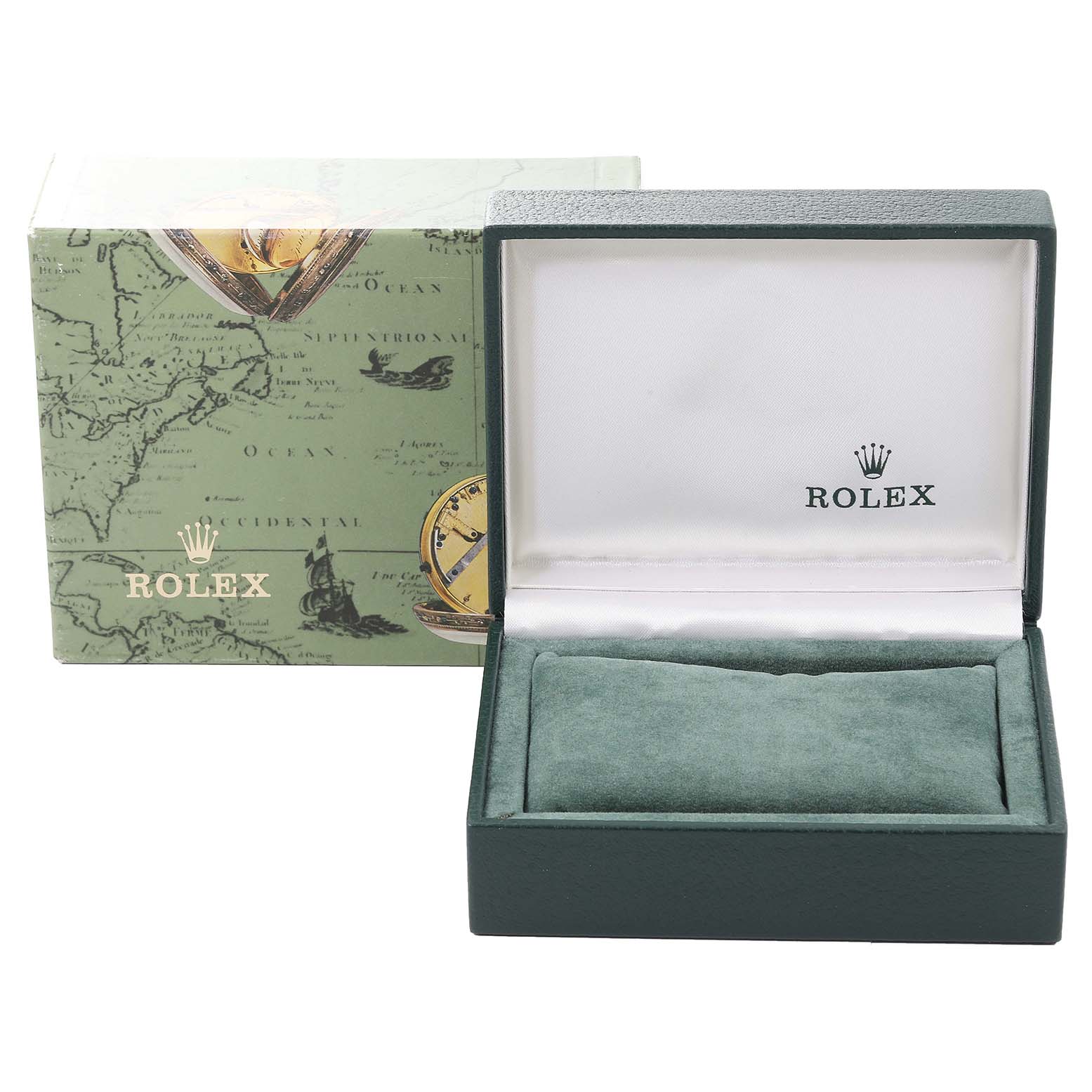 The image shows an open Rolex Mid-Size 68274 Women
s Stainless Steel White Dial 68274 Women
s Stainless Steel White Dial watch box and its packaging from a frontal angle.