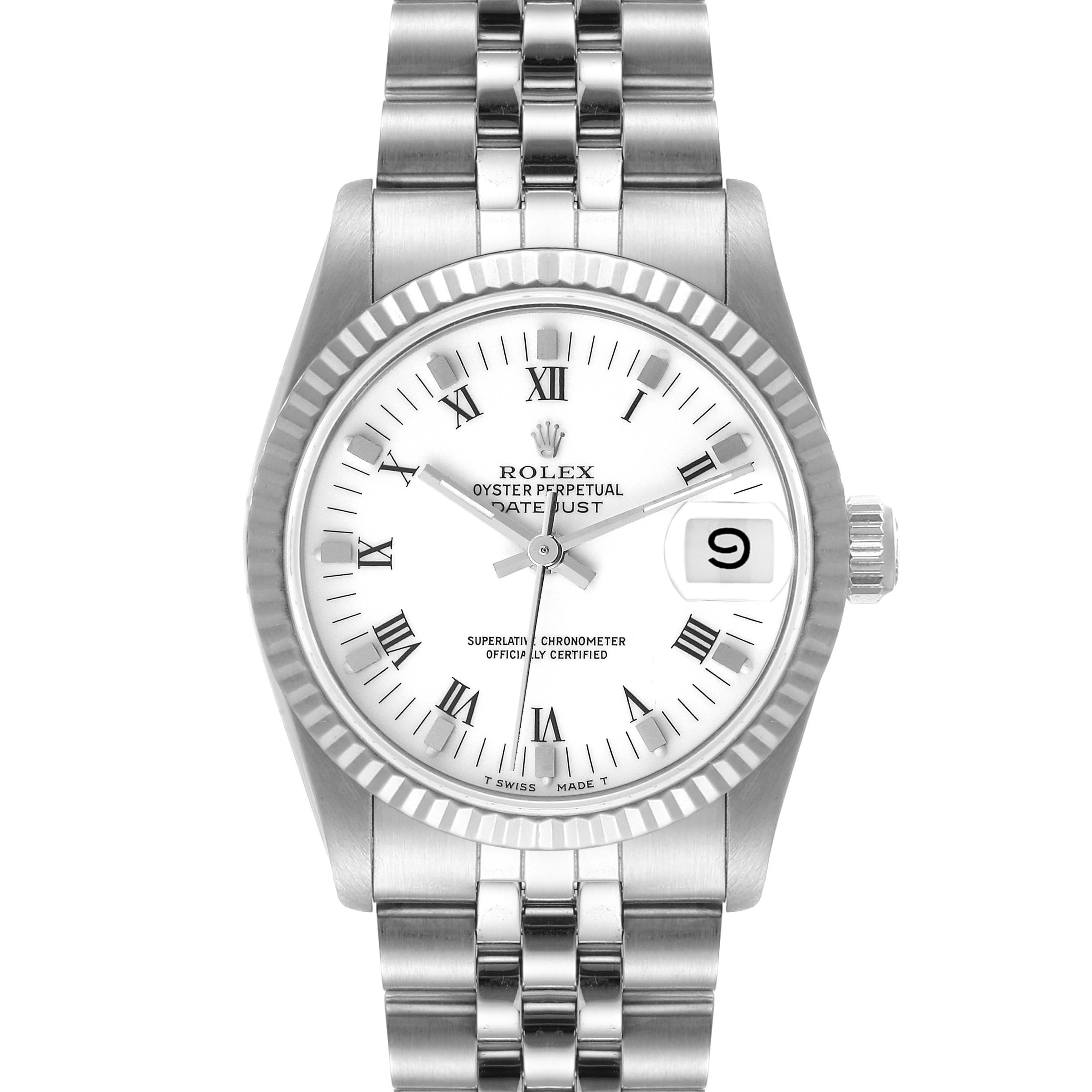 This is a front view of a Rolex Oyster Perpetual Datejust Mid-Size watch, showing the face, bezel, and bracelet.