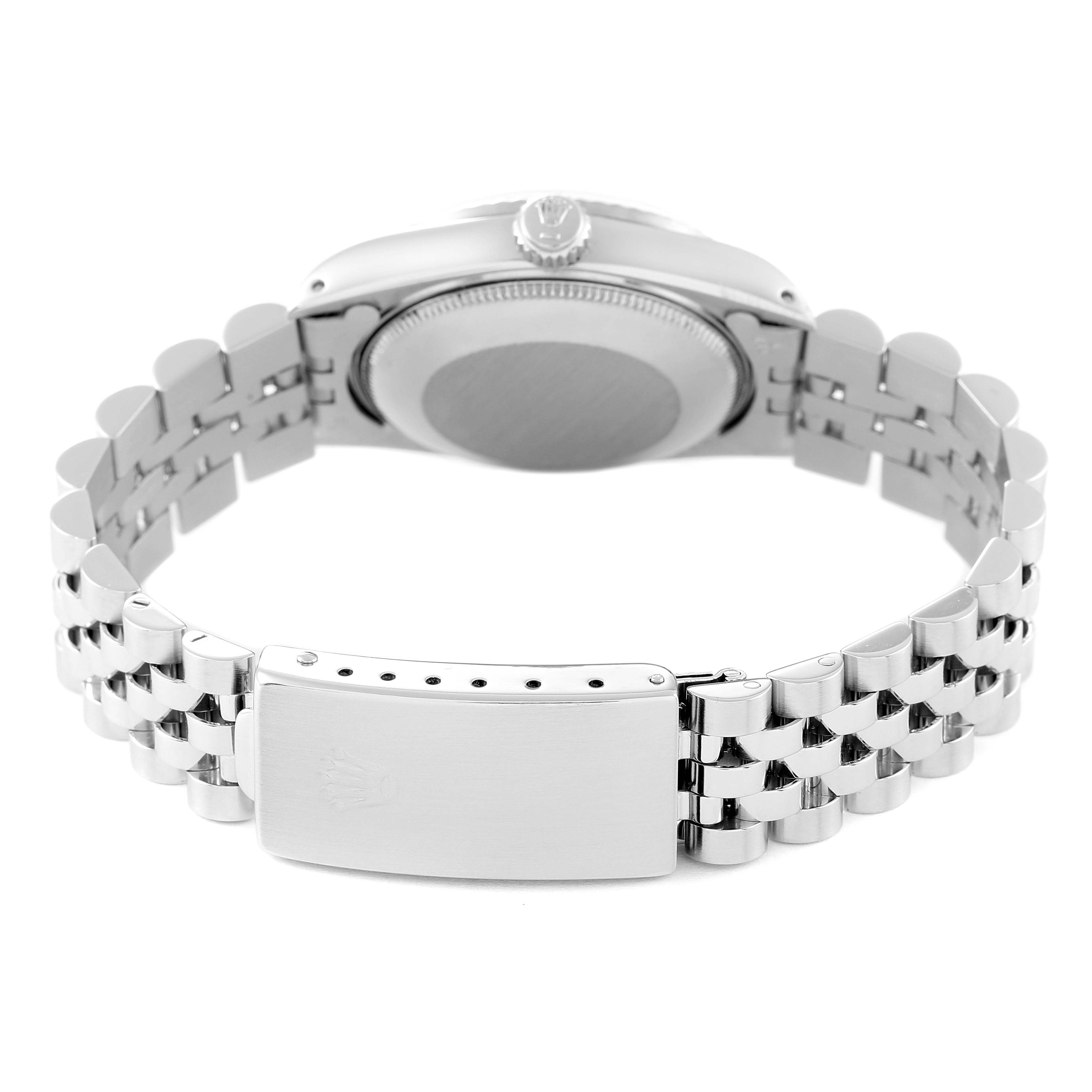 The image shows the back and bracelet of a mid-size Rolex watch, including the clasp and the case back.