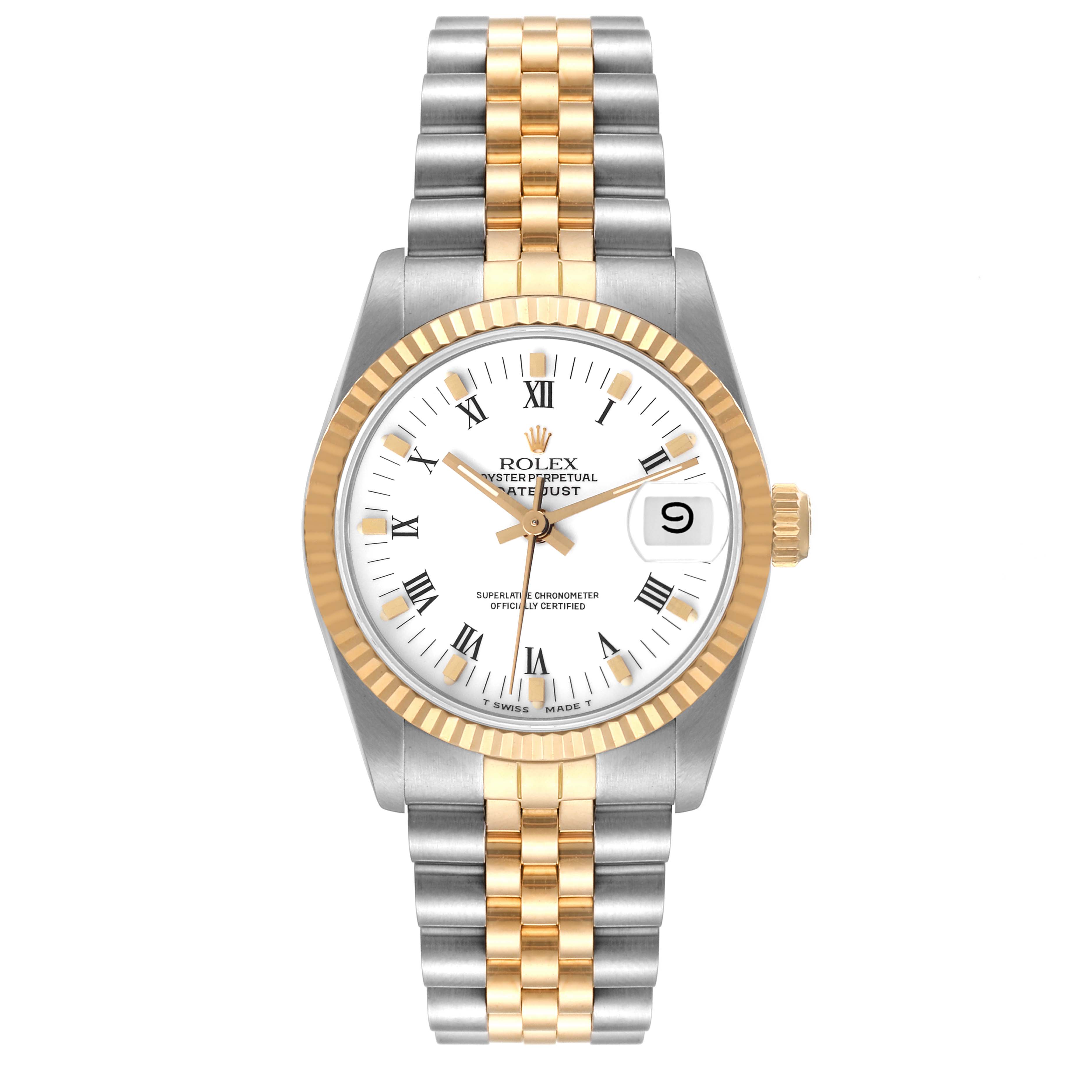 The image shows a front view of a Rolex Oyster Perpetual Datejust Mid-Size watch with a two-tone bracelet and white dial.