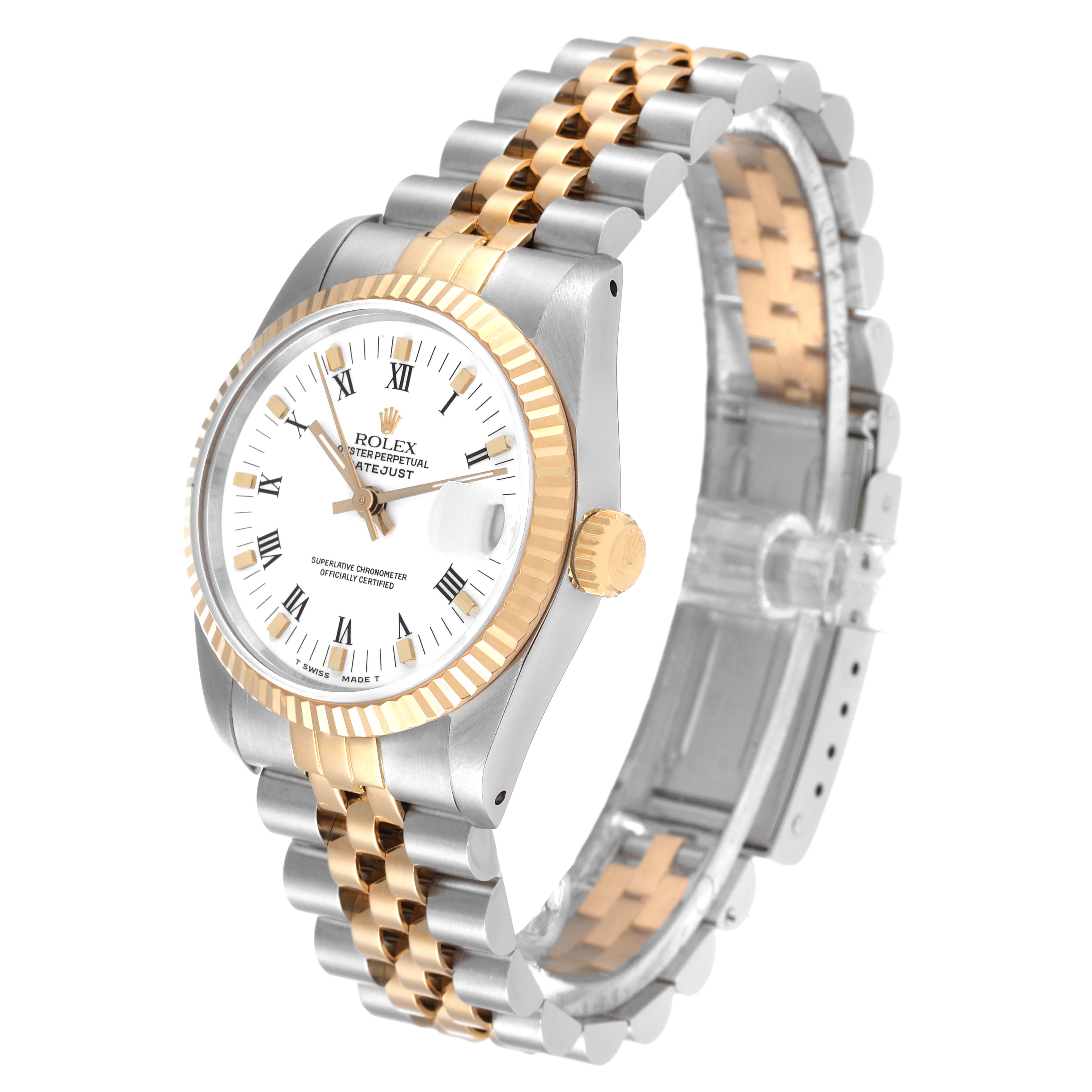 The image shows a front-side angle of the Rolex Mid-Size 68273 Women
s Steel and Gold (two tone) White Dial 68273 Women
s Steel and Gold (two tone) White Dial Datejust, highlighting its dial, case, and two-tone bracelet.