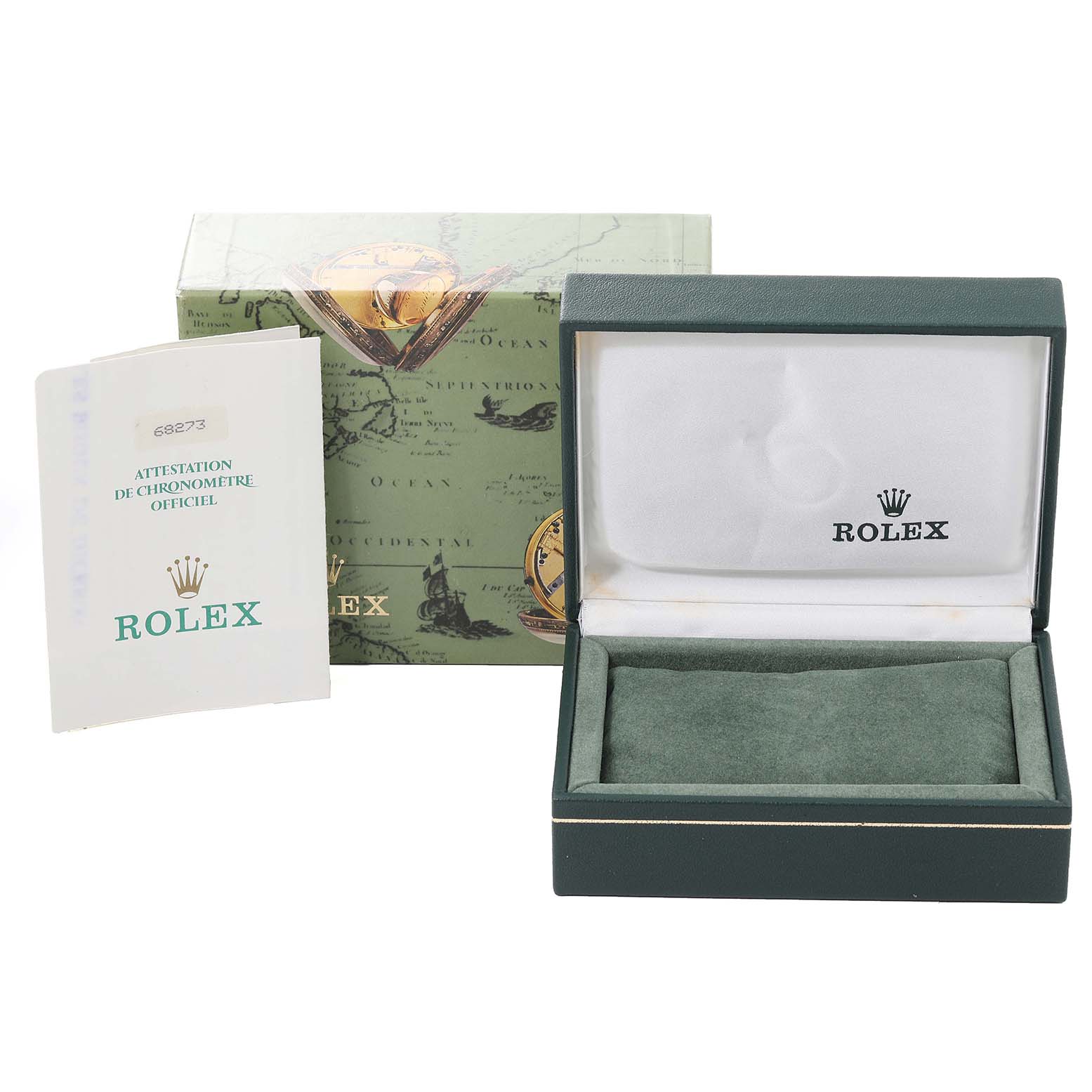 The image shows a Rolex Mid-Size 68273 Women
s Steel and Gold (two tone) White Dial 68273 Women
s Steel and Gold (two tone) White Dial model
s box, packaging, and certification booklet.