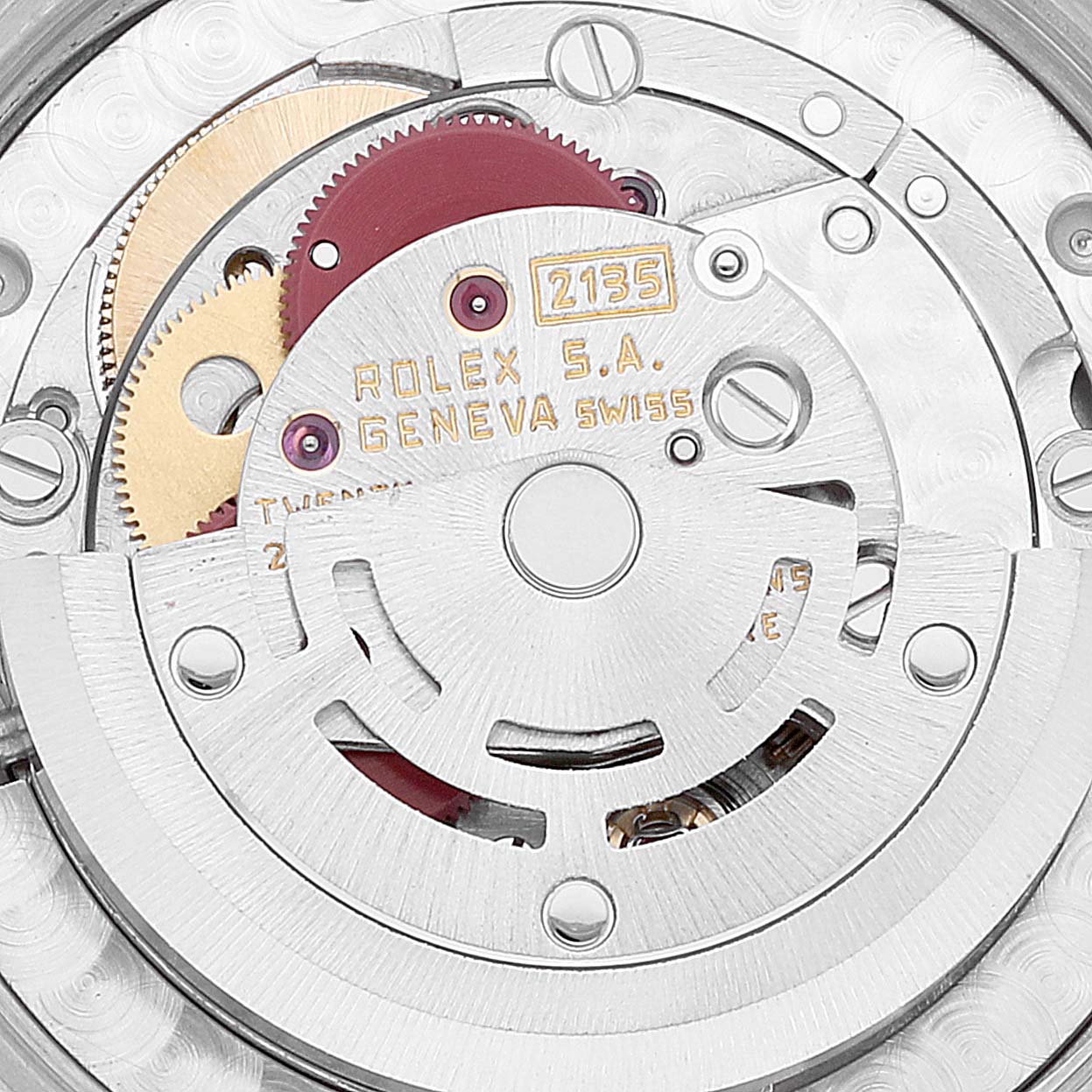 This image shows a close-up of the movement mechanism inside a Rolex Mid-Size 68273 Women
s Steel and Gold (two tone) White Dial 68273 Women
s Steel and Gold (two tone) White Dial model watch.