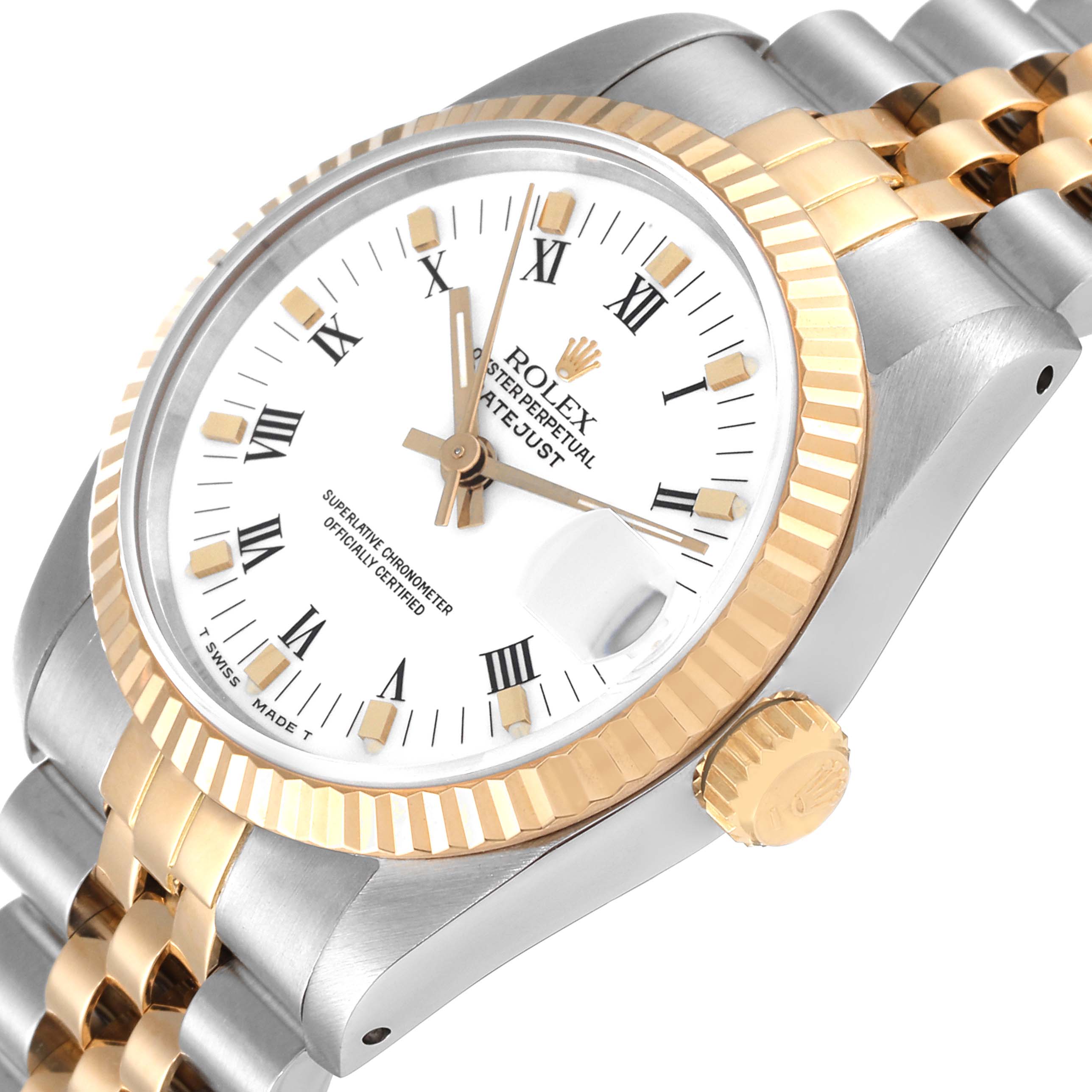 The image shows the face and side of a Rolex Datejust Mid-Size watch, including its crown, two-tone bracelet, and fluted bezel.