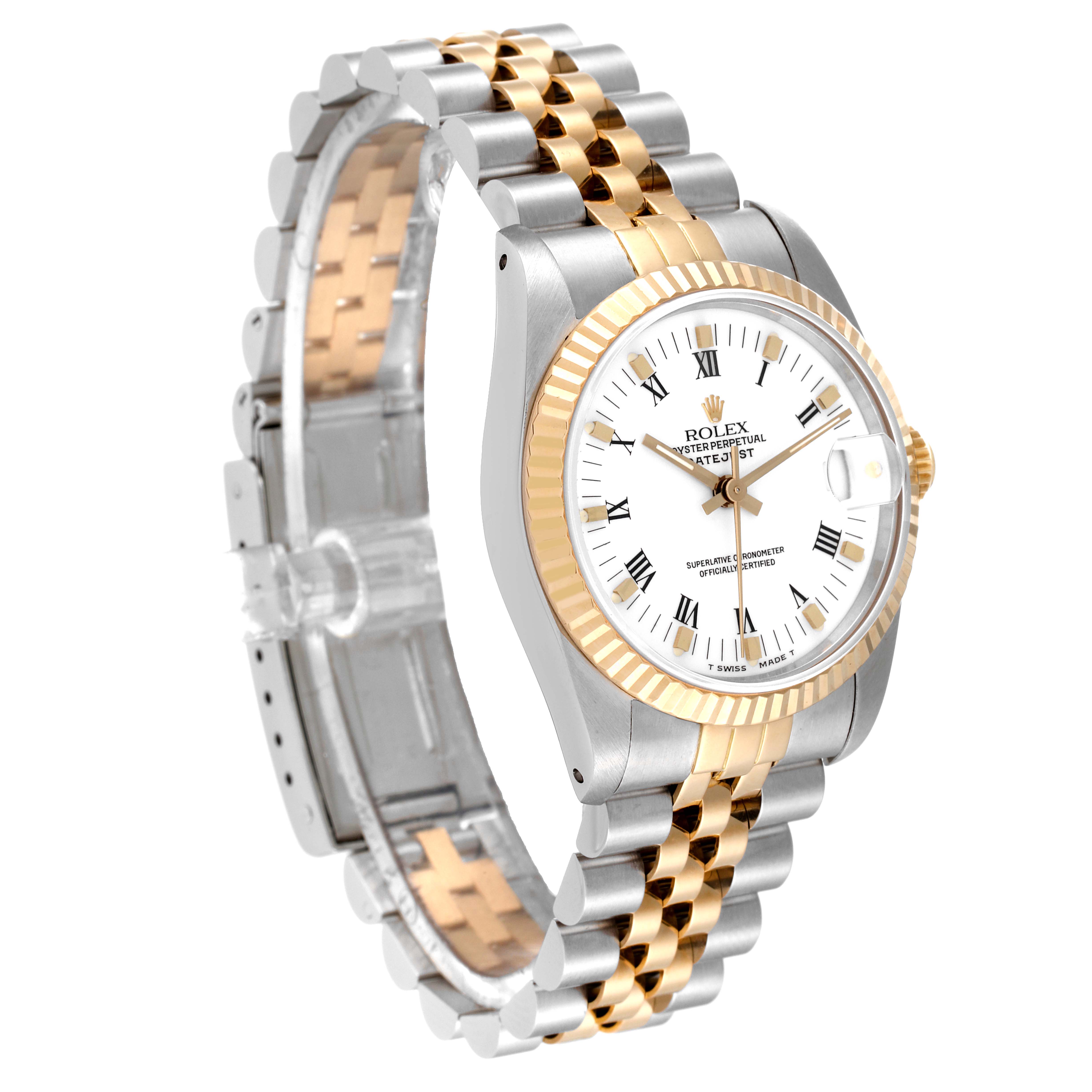This image shows a Rolex Mid-Size 68273 Women
s Steel and Gold (two tone) White Dial 68273 Women
s Steel and Gold (two tone) White Dial Datejust watch at a three-quarter angle, highlighting its two-tone bracelet and white dial.