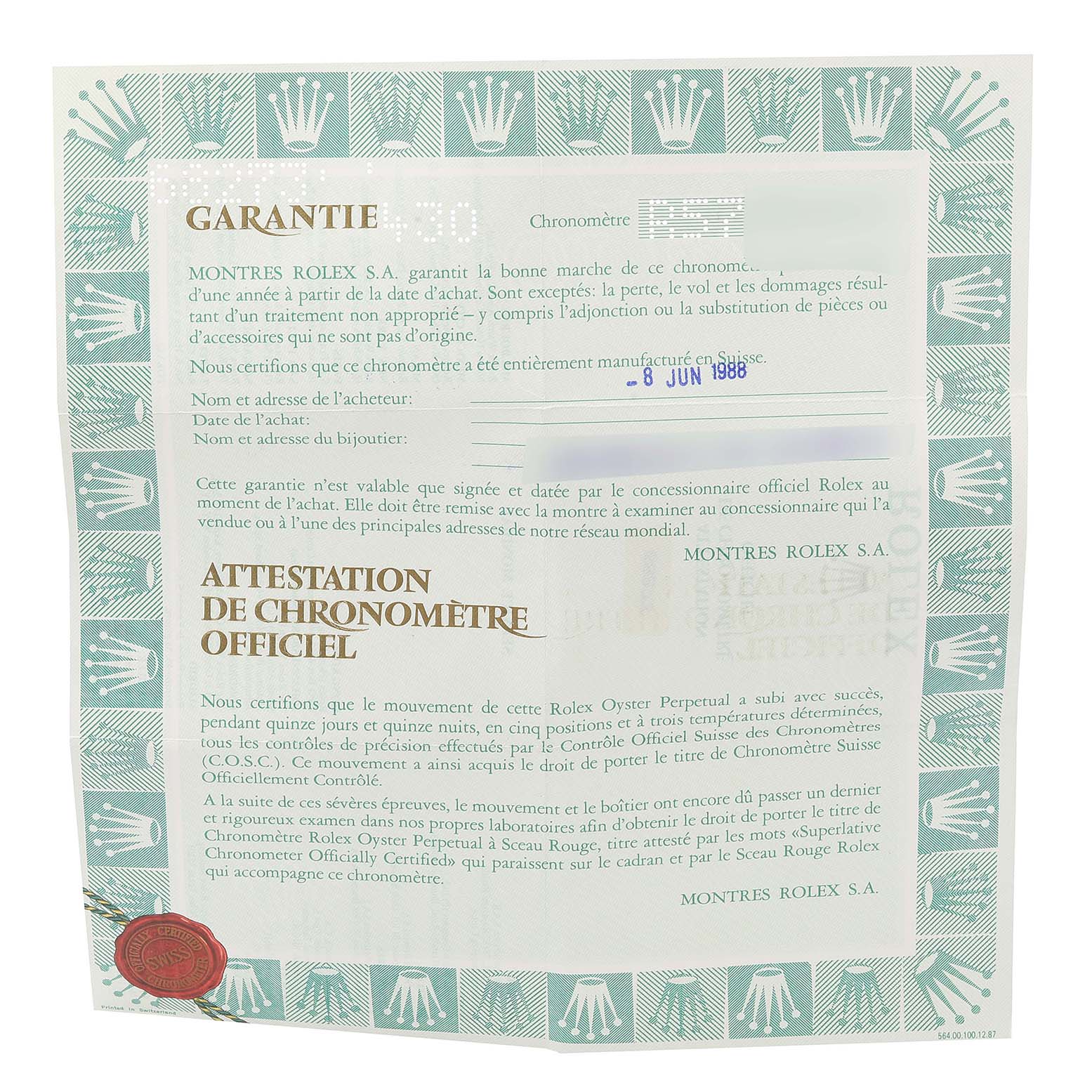 The image shows the guarantee and official chronometer certification document for a mid-size Rolex watch.