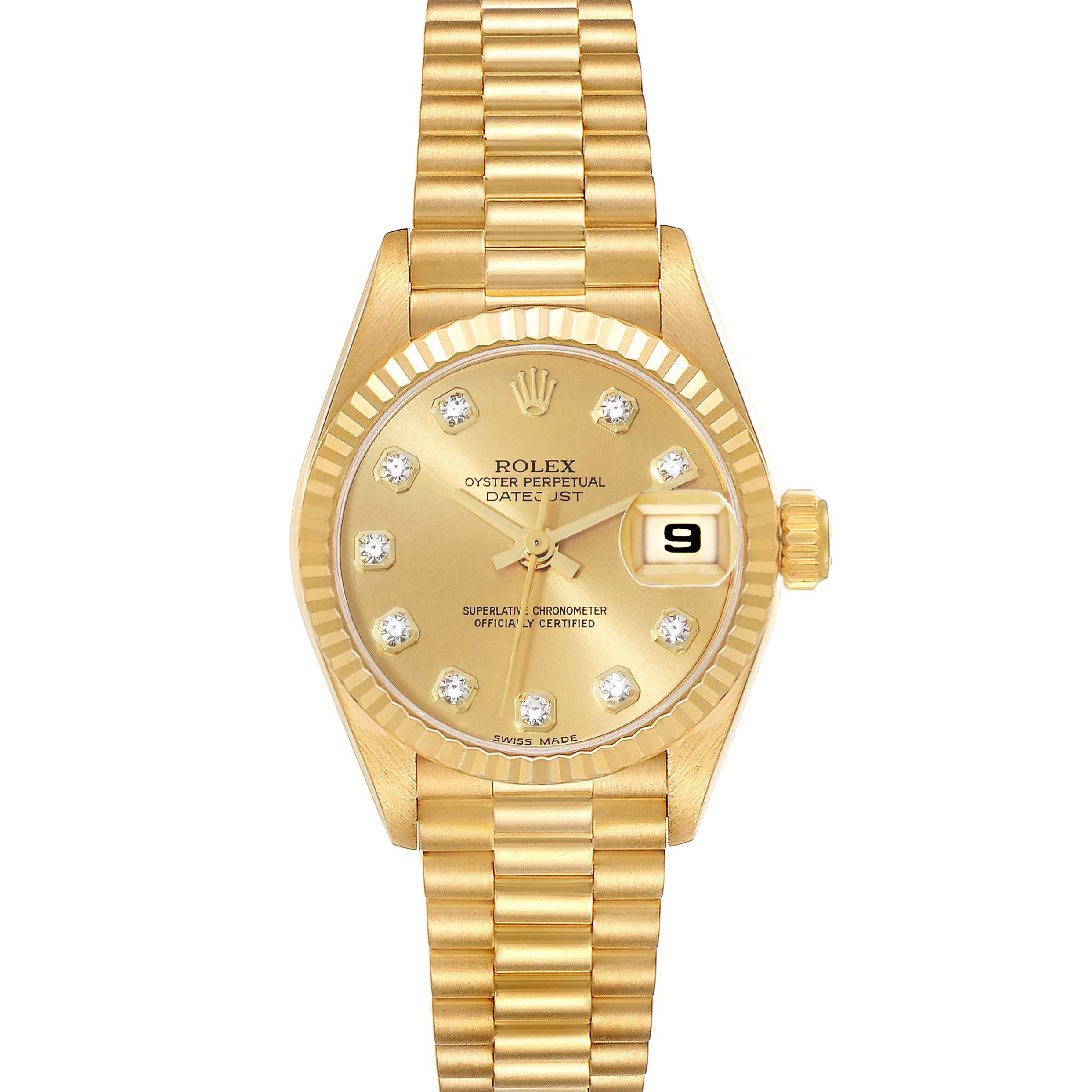 The Rolex President 69178 Women's Yellow Gold Champagne Dial 69178 Women's Yellow Gold Champagne Dial model watch is shown from a top-down angle, displaying the dial, bracelet, and crown.