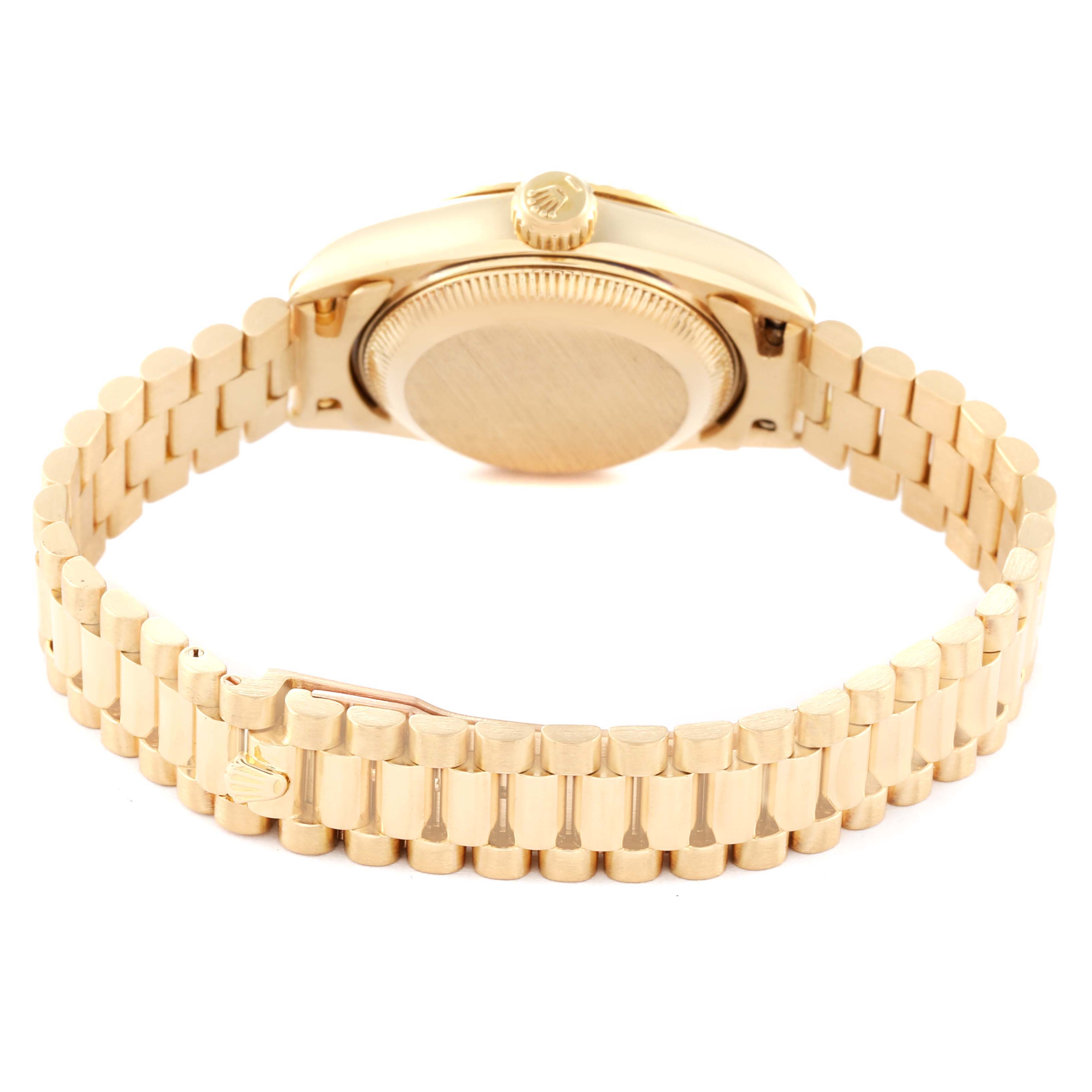 The image shows the back view of a Rolex President 69178 Women's Yellow Gold Champagne Dial 69178 Women's Yellow Gold Champagne Dial model watch, highlighting its case back and gold bracelet.