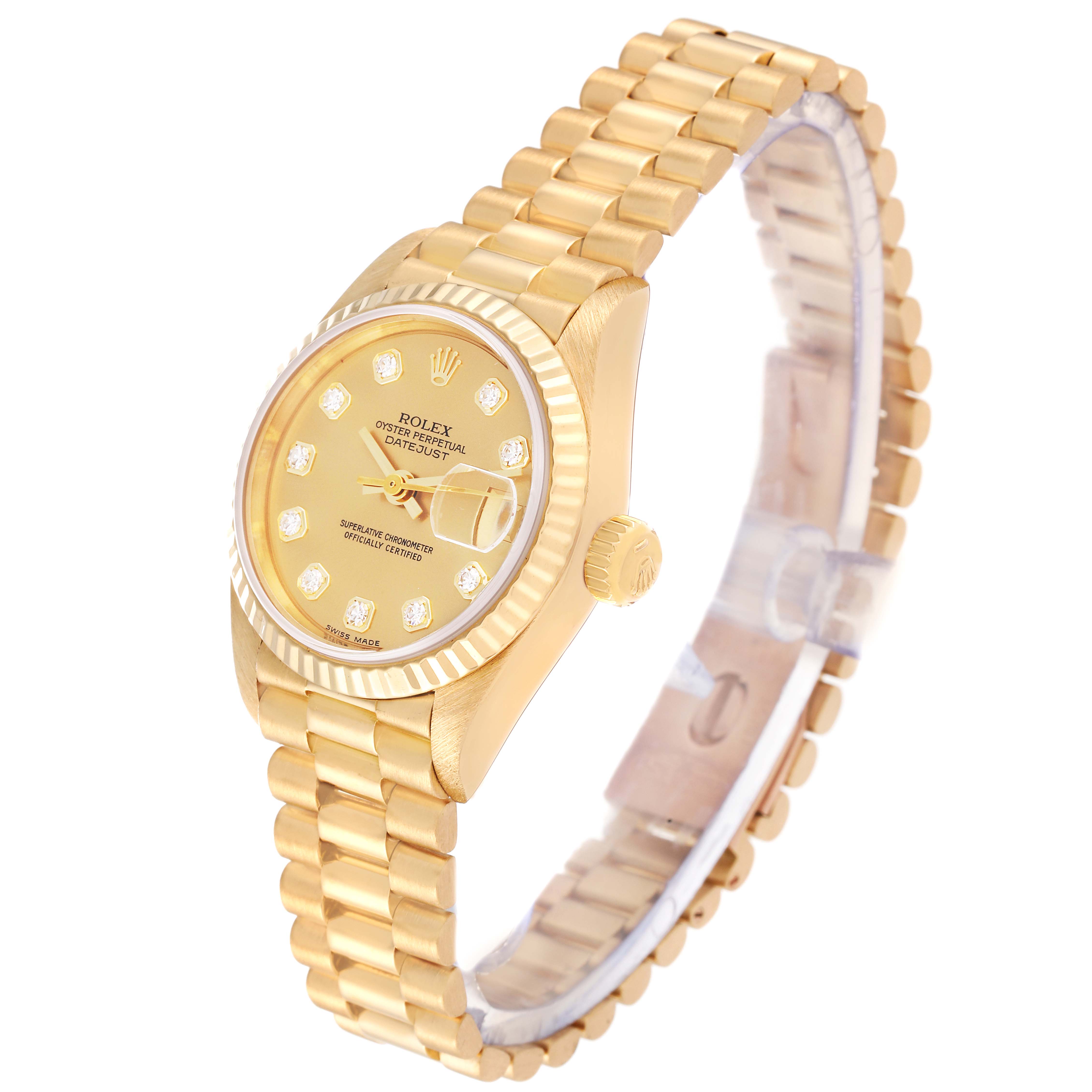 This image shows a Rolex President 69178 Women's Yellow Gold Champagne Dial 69178 Women's Yellow Gold Champagne Dial model watch at an angled side view, highlighting the gold band, dial, bezel, and crown.