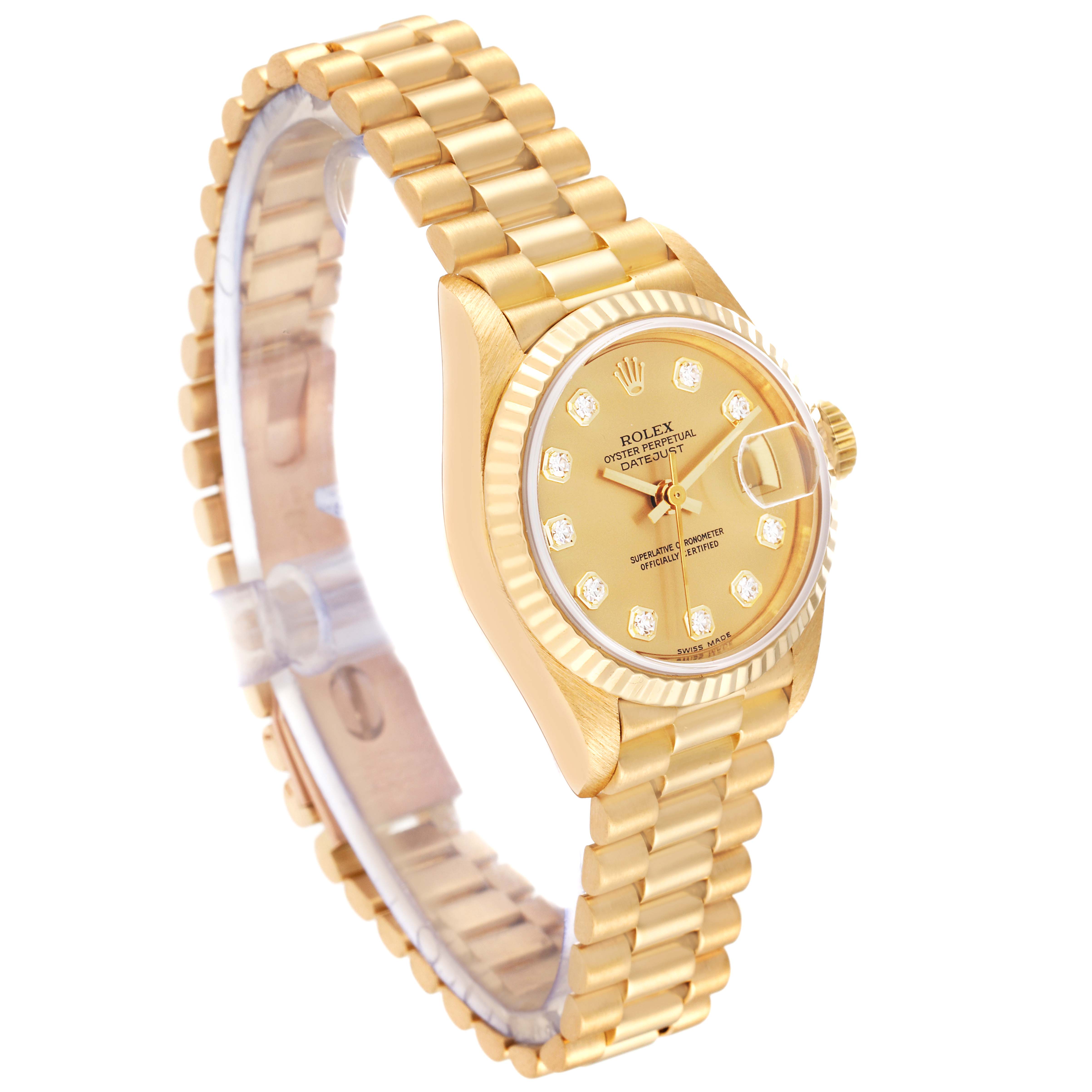 The image shows a side angle view of a Rolex President 69178 Women's Yellow Gold Champagne Dial 69178 Women's Yellow Gold Champagne Dial model watch, highlighting its gold band and diamond-studded face.