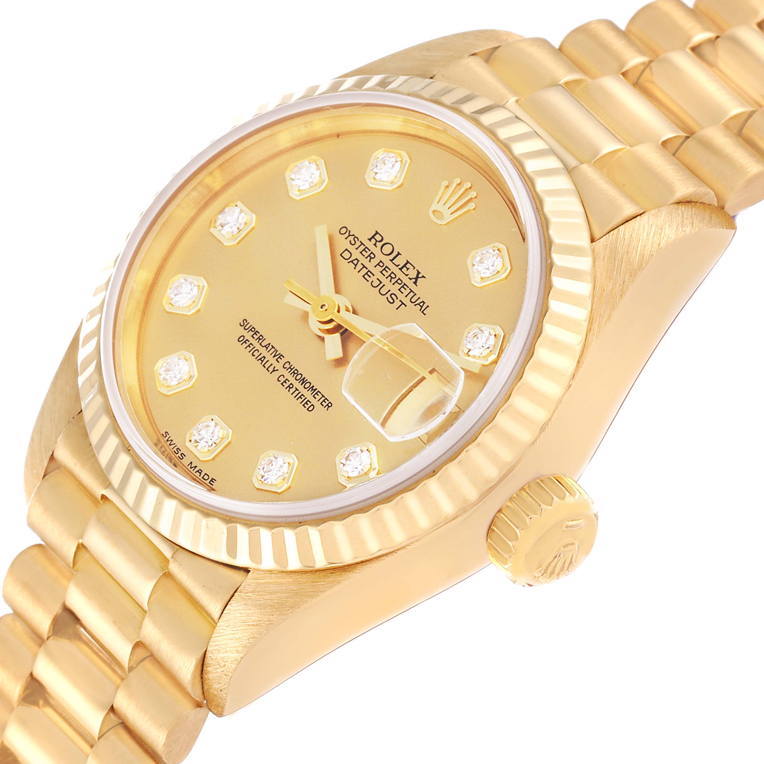 This image shows a Rolex President 69178 Women's Yellow Gold Champagne Dial 69178 Women's Yellow Gold Champagne Dial model watch at a slight angle, displaying the face, bezel, crown, and bracelet.