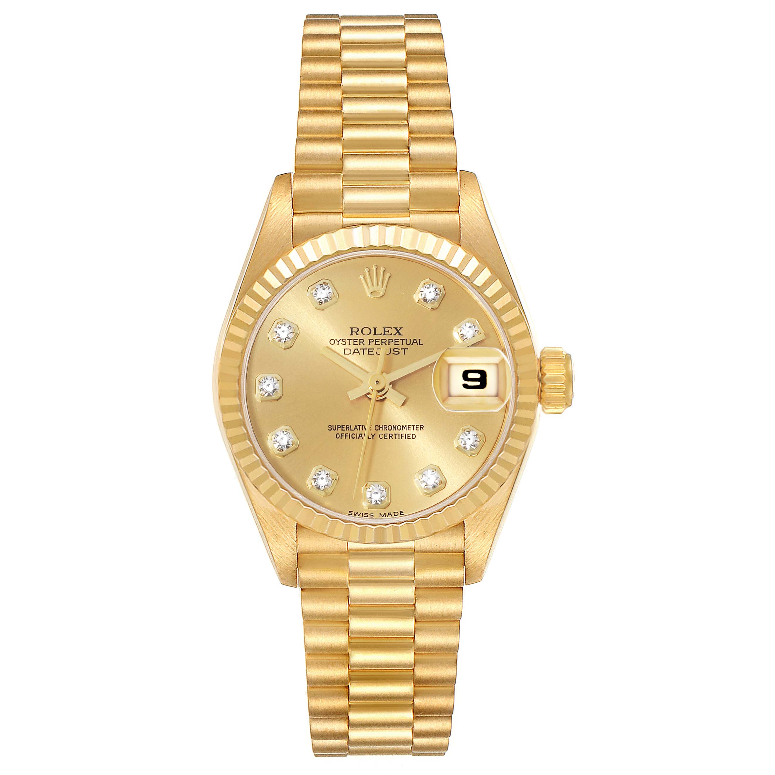 The Rolex President 69178 Women's Yellow Gold Champagne Dial 69178 Women's Yellow Gold Champagne Dial watch is shown from a top-down angle, highlighting its gold design, bracelet, diamond markers, and date feature.