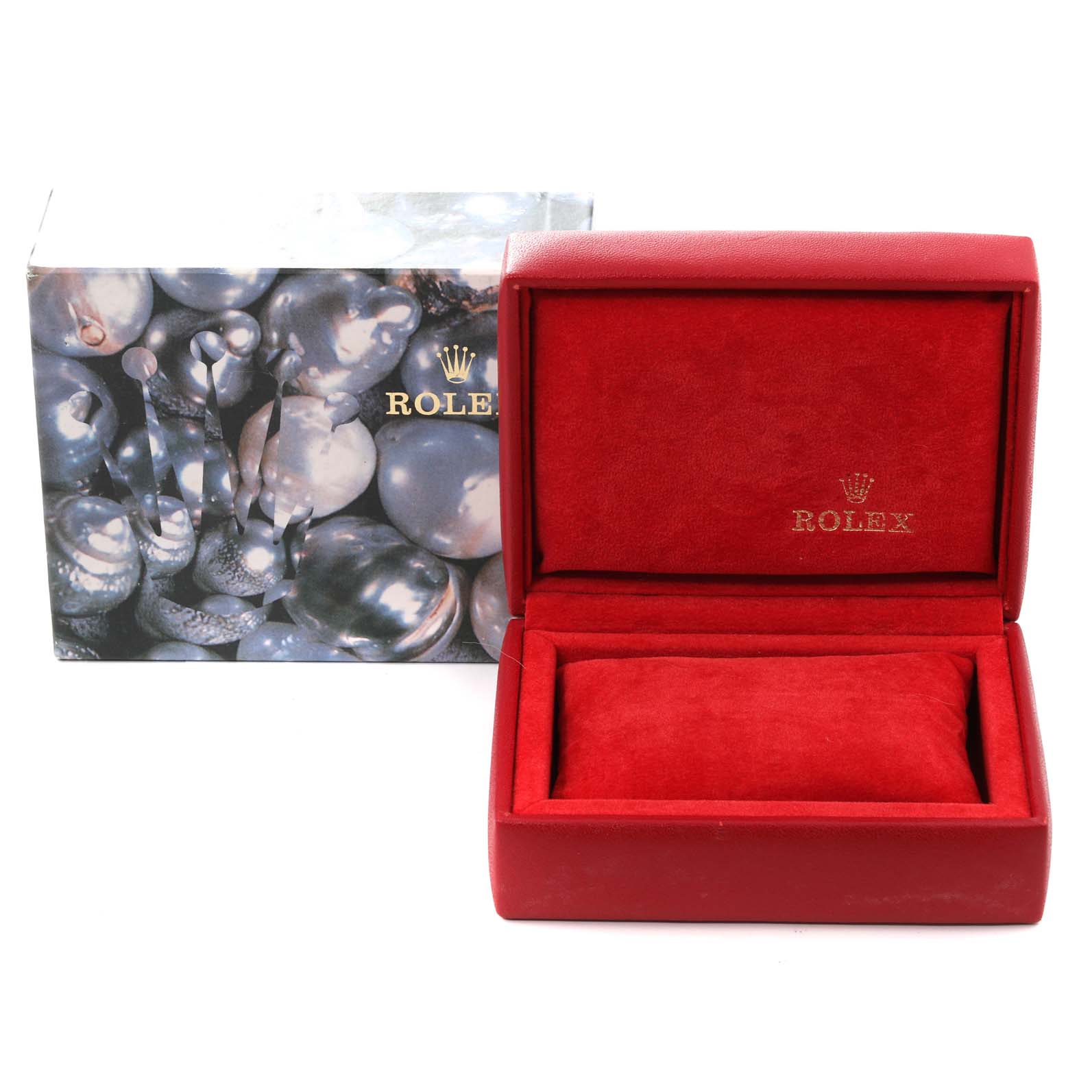 The image shows a Rolex President 69178 Women's Yellow Gold Champagne Dial 69178 Women's Yellow Gold Champagne Dial model watch's red velvet box and its outer decorative box.