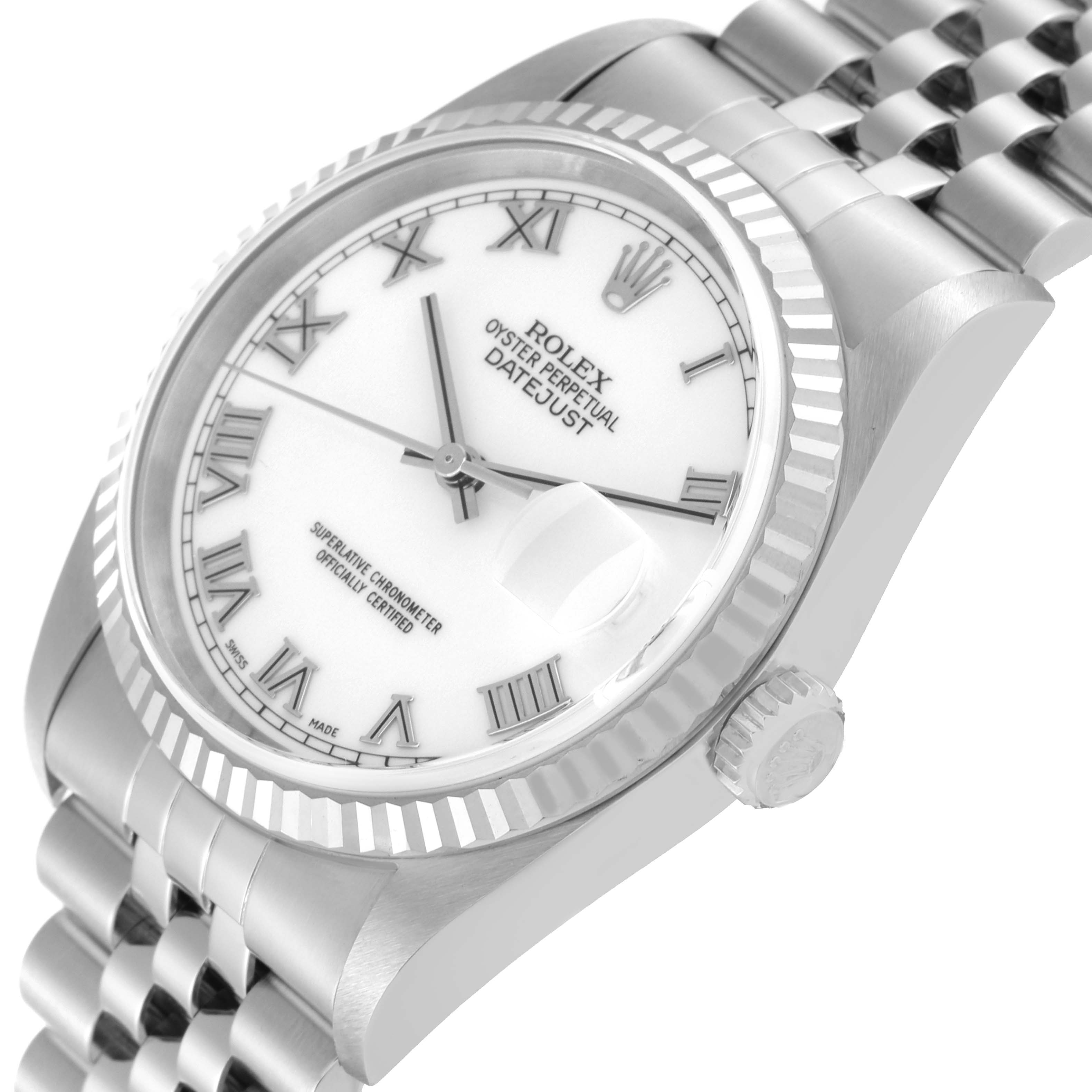 The image shows a close-up, tilted angle of a Rolex Datejust 16234 Men's Stainless Steel White Dial 16234 Men's Stainless Steel White Dial watch, focusing on the dial, bezel, crown, and part of the bracelet.