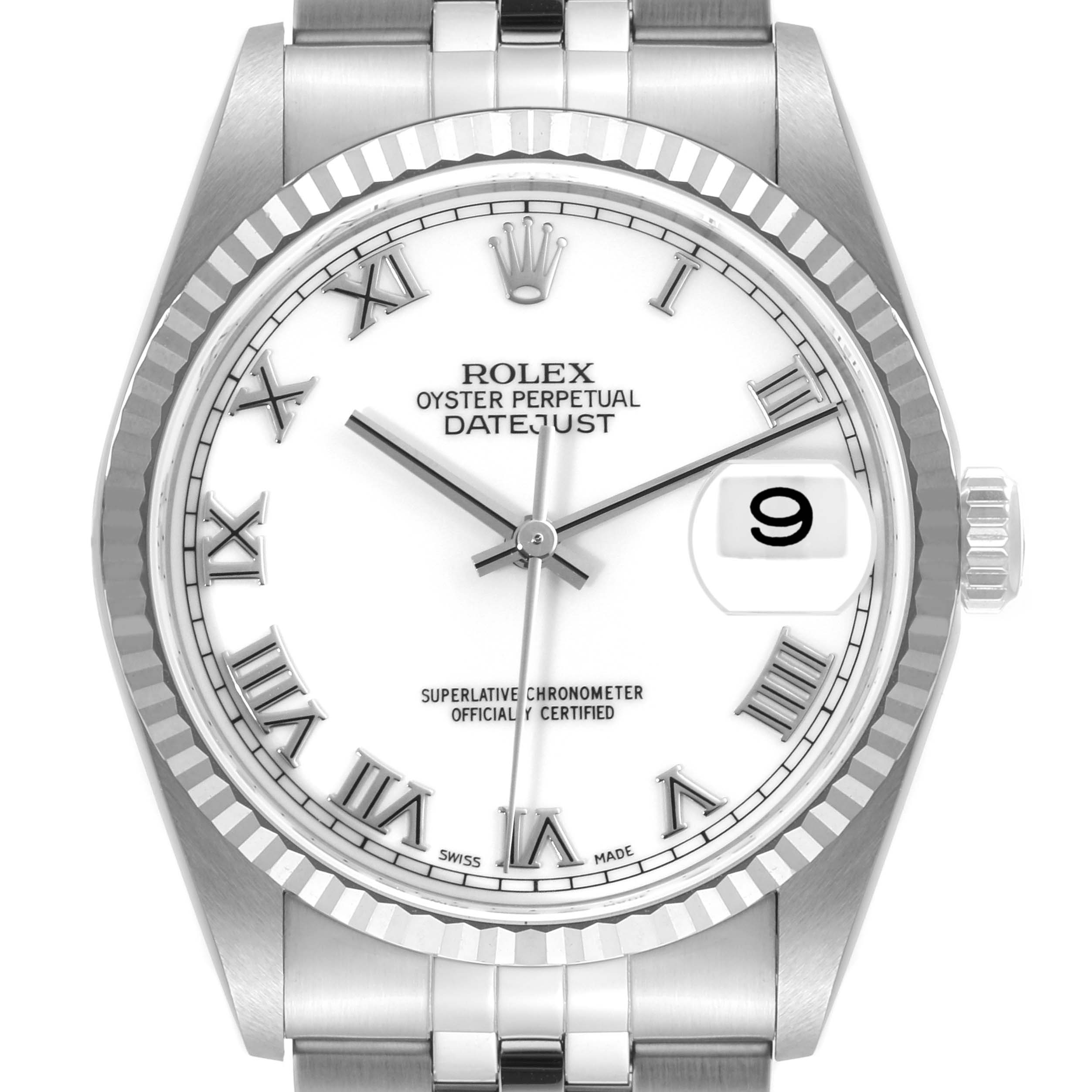 This Rolex Datejust 16234 Men's Stainless Steel White Dial 16234 Men's Stainless Steel White Dial watch is shown from a front angle highlighting the dial, bezel, hands, and part of the bracelet.